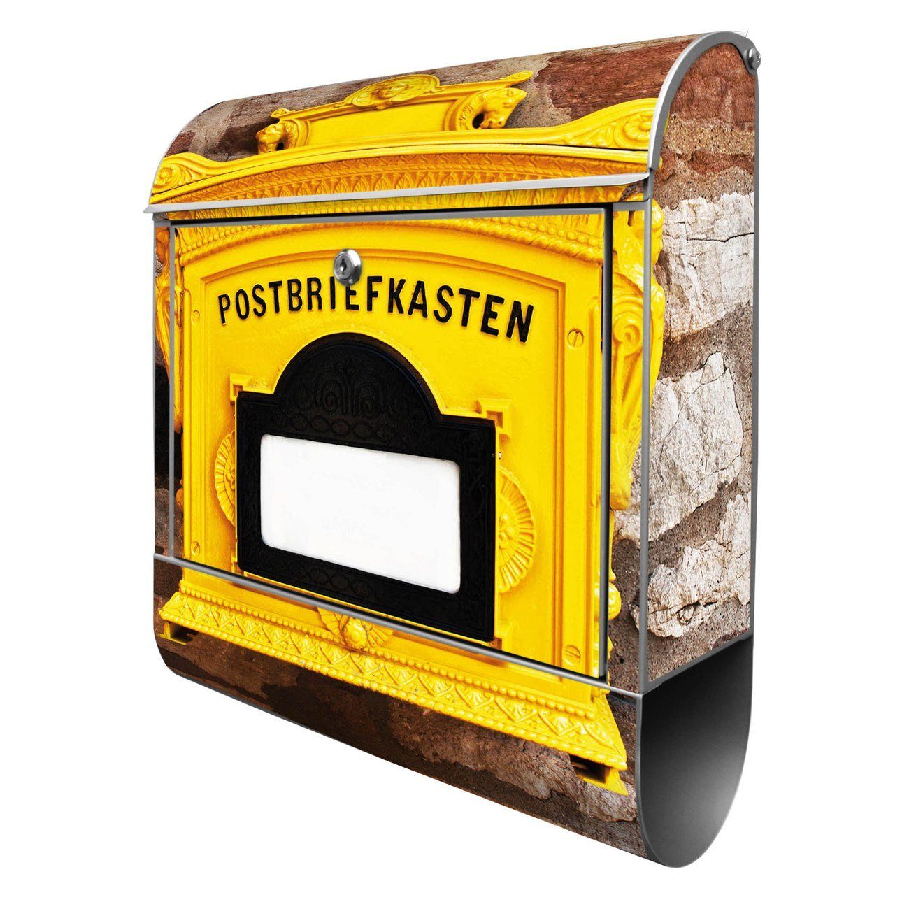 banjado Wandbriefkasten Silber Stahl mit Motiv Historischer Postkasten (Wandbriefkasten witterungsbeständig, pulverbeschichtet, mit Zeitungsfach), 47 x 39 x 14 cm