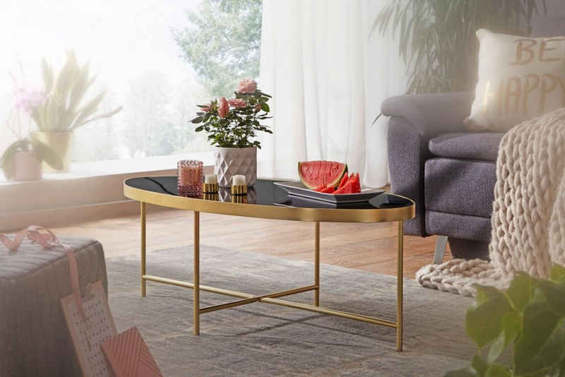 furnicato Couchtisch Design Glas Schwarz - Oval 110 x 56 cm mit Gold Metallgestell Lounge Tisch