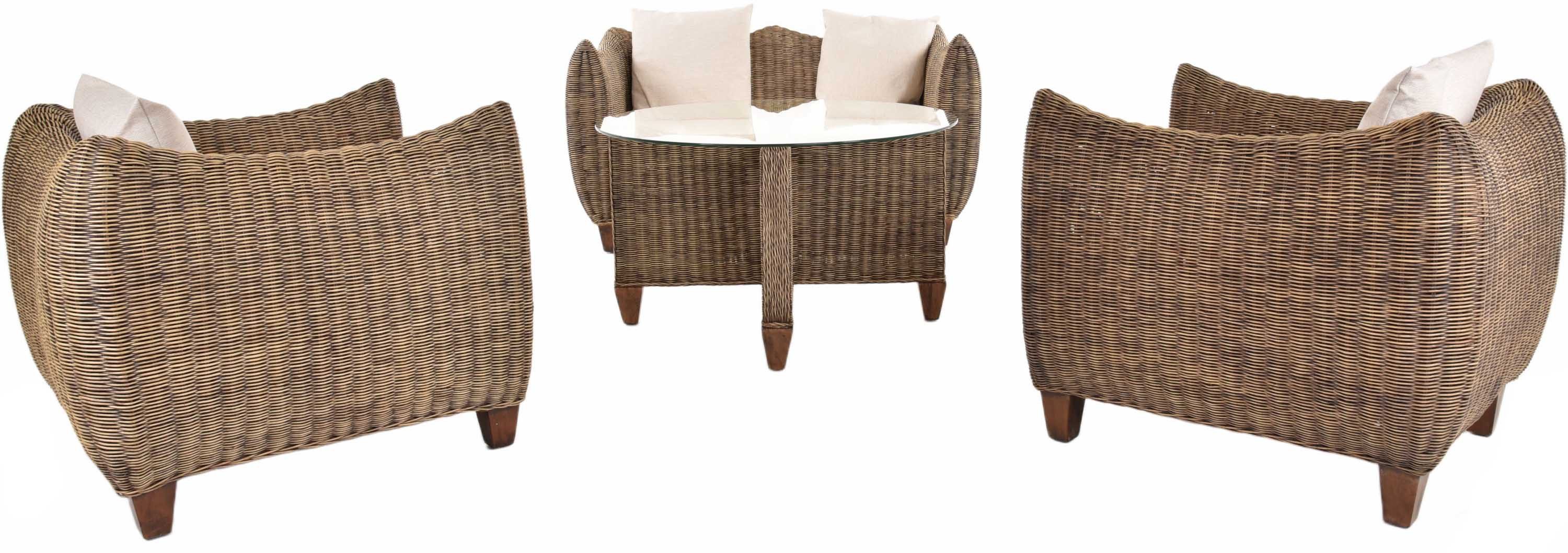 Krines Home Sitzgruppe Set 167 1/1/2/T + WG995 Toast Braun + Kissenset Jessy Beige, (4-tlg., 2x Sessel, 1x Zweisitzersofa, 1x Tisch, rund, mit Glasplatte), für 4 Personen