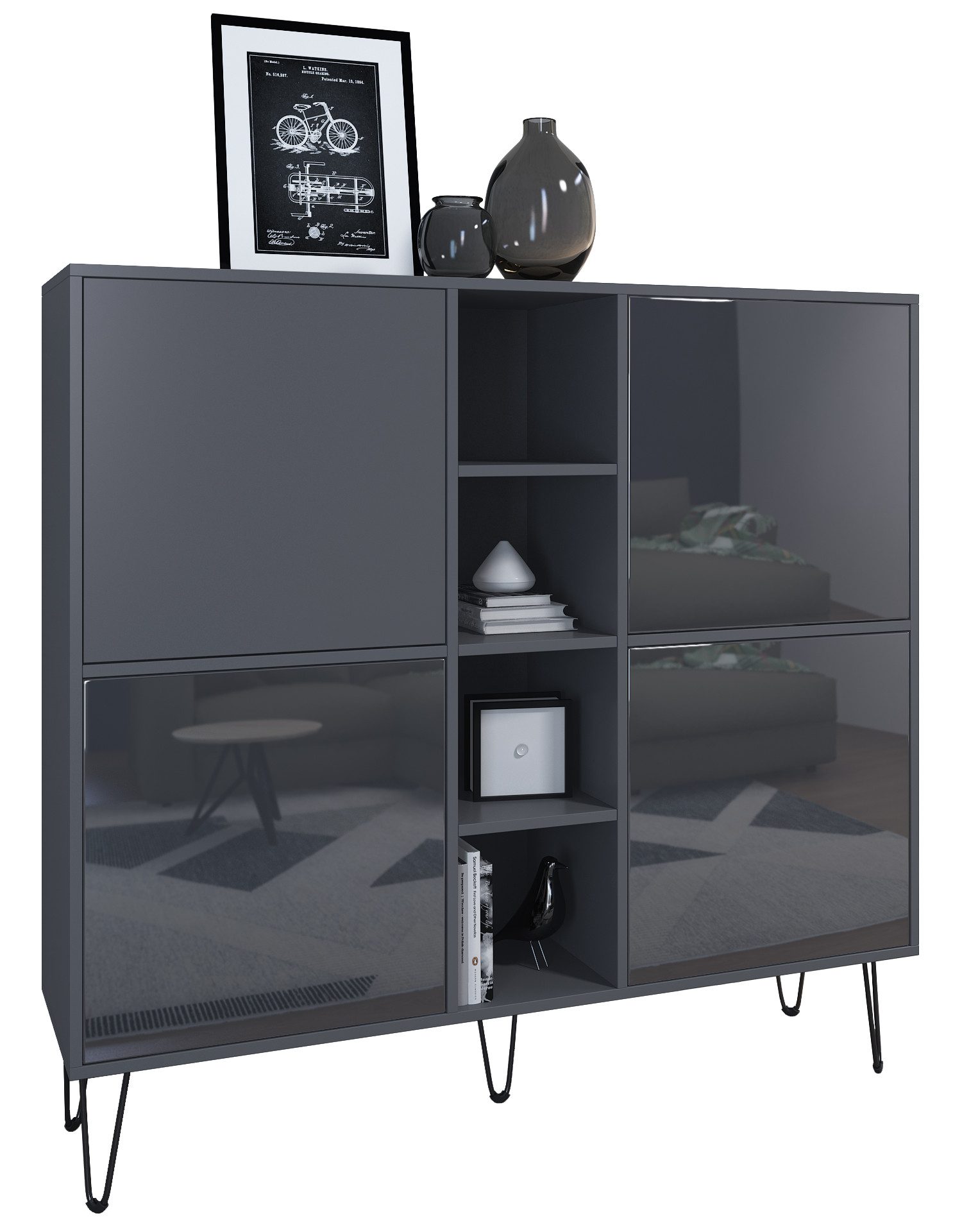 Vladon Highboard Havana V3 (Sideboard mit 4 Türen und 4 offene Fächer, Kommode Made in Germany), Anthrazit matt / Grau Hochglanz (130,5 x 124 x 35 cm)