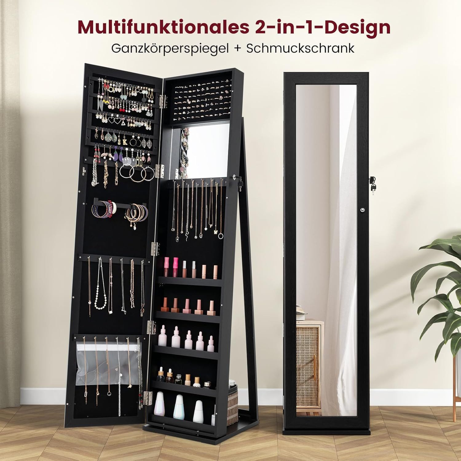 KOMFOTTEU Schmuckschrank Schmuckregal mit Ganzkörperspiegel,157,5x38x38cm günstig online kaufen