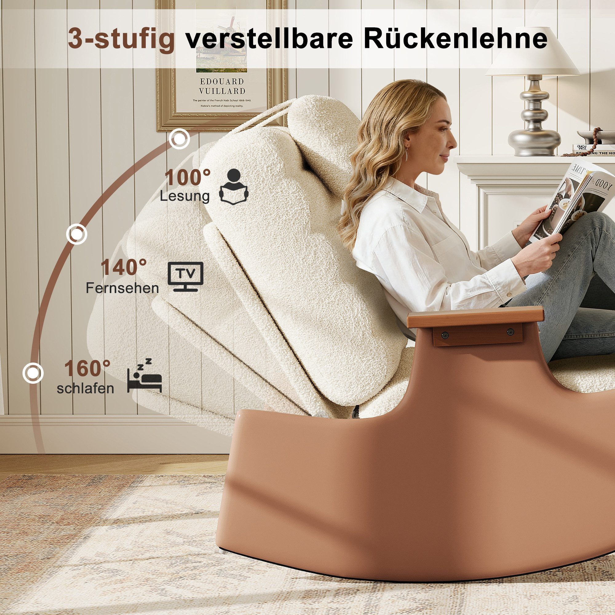 Simurq Schaukelstuhl Schaukelstuhl mit Hocker, verstellbare Rückenlehne, Kopfstütze (1 St), 3-fach verstellbarer Sessel mit Holzarmlehnen