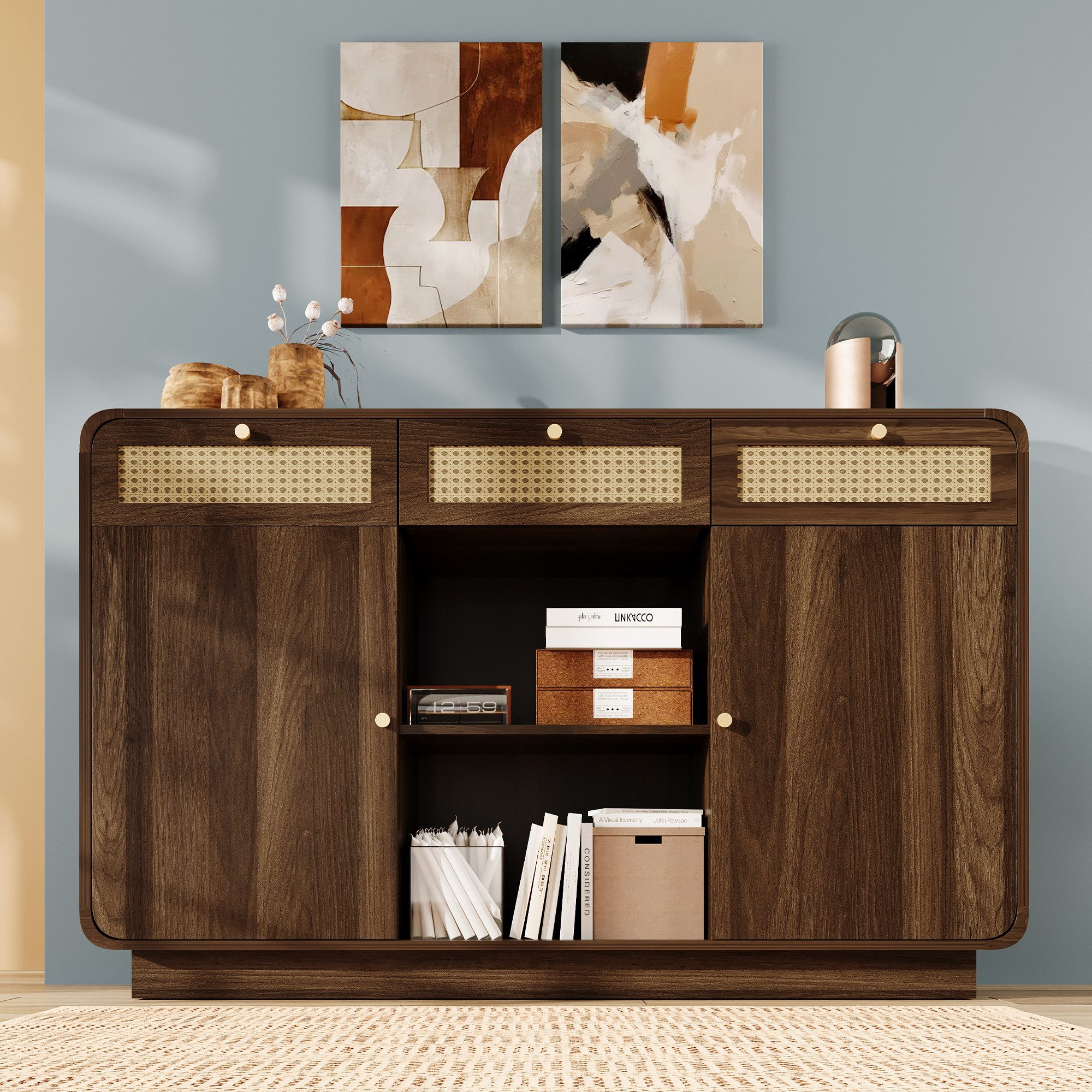 KLAM HOME Sideboard Elegante Kommode im Nussbaum-Design mit Rattan-Elementen (Vielseitiges Sideboard mit Schubladen und Regalen), Praktischer Aufbewahrungsschrank für Wohnzimmer und Flur