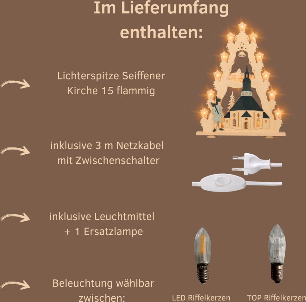Weigla LED Lichterbogen Seiffener Kirche, große Lichterspitze aus Holz, Made in Germany (1-tlg), Erzgebirge garantiert, Weihnachtsdeko Innen, Weihnachtsbeleuchtung