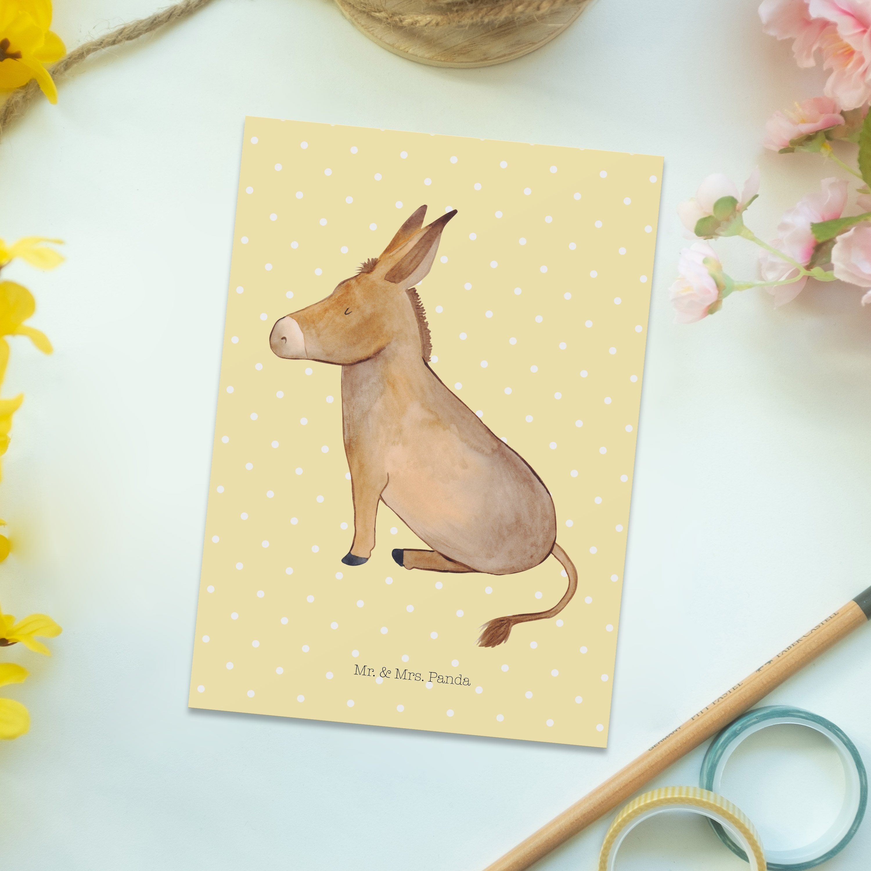 Geburtstagskarte - Esel - Gelb Panda Lebensziel, Mrs. & Mr. Tiere, Postkarte Pastell Geschenk,