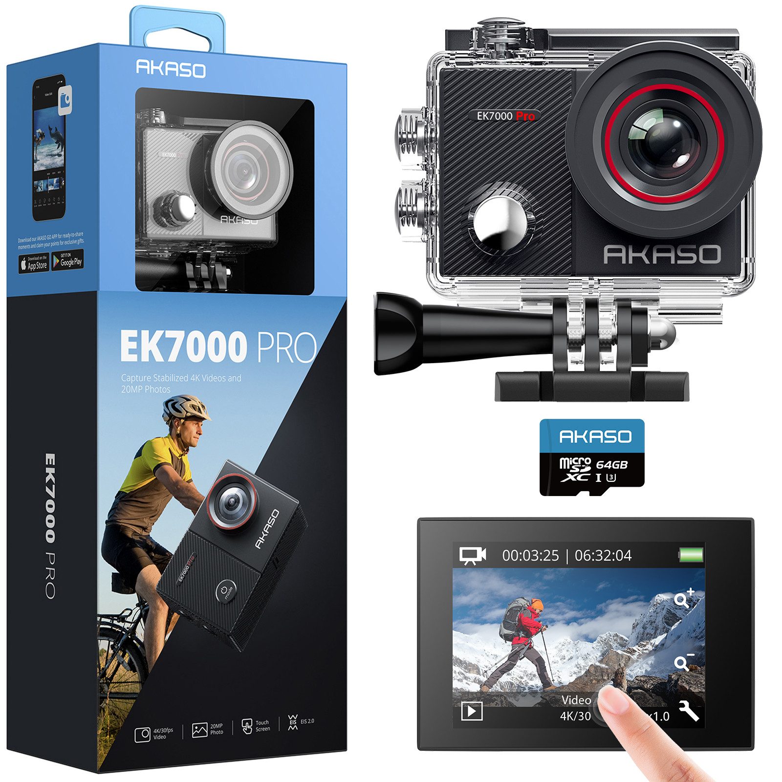 Akaso EK7000 Pro Action Cam (4K Ultra HD, WLAN 2.4 GHz, 4K 20MP WiFi Wasserdicht bis 40m,Touchscreen, EIS 2.0)