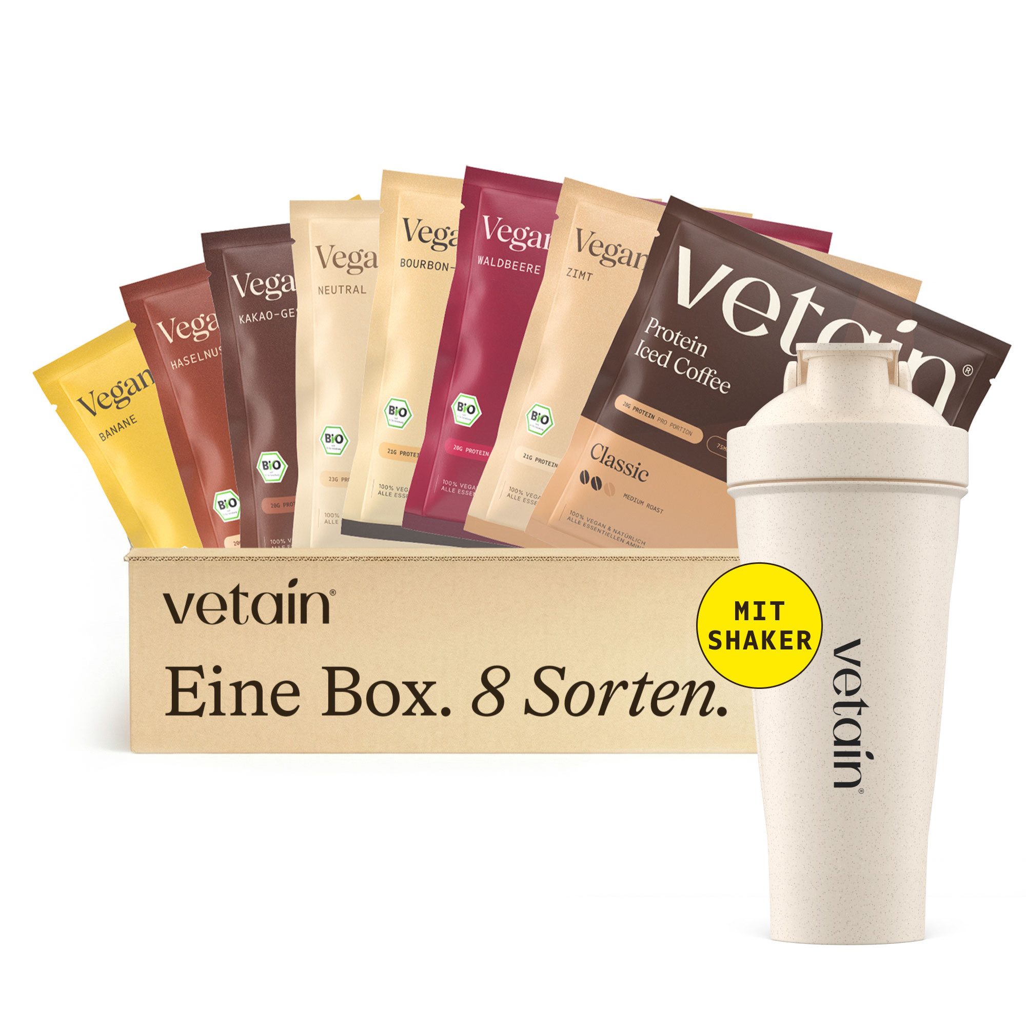 VETAIN Bio Vegan Protein Probierpaket + Shaker - 8 x 30g - 23g Protein - Pulver, Fermentiert, frei von raffiniertem Zucker & künstlichen Süßstoffen