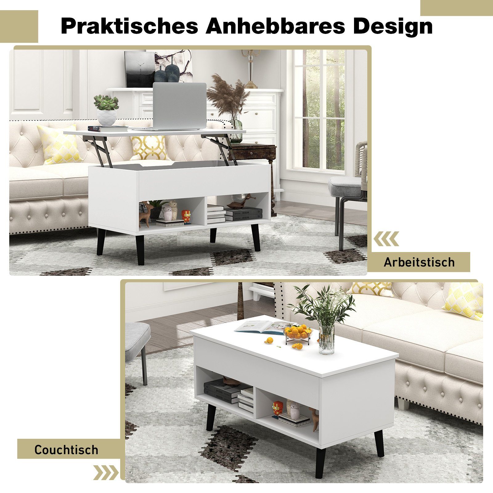 COSTWAY Couchtisch, höhenverstellbar, Stauraum mit 2 günstig online kaufen