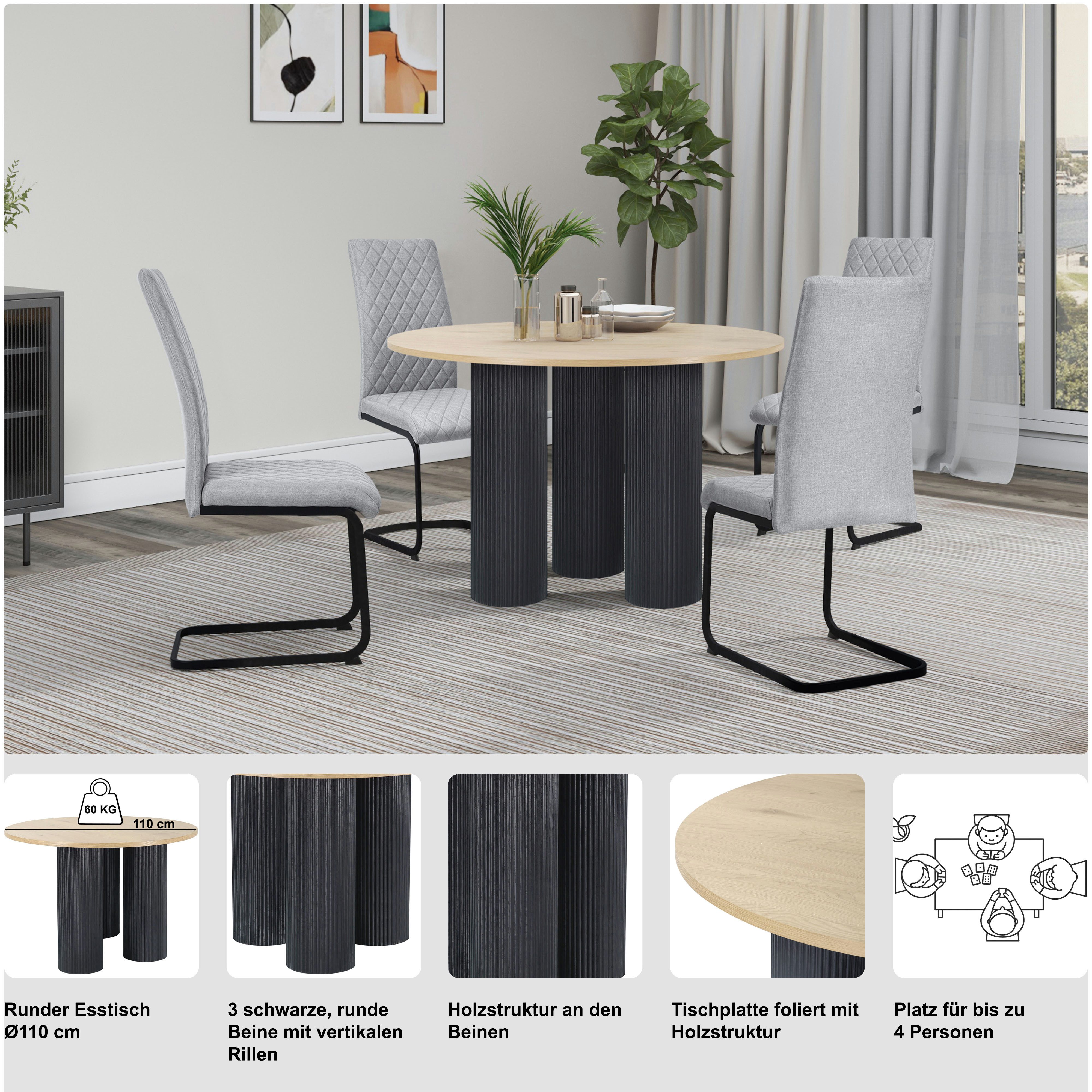 OTTO home Esstisch Mandan, rund, 110x110 cm, 25 cm runde Beine mit Rillenstruktur, Höhe 76 cm