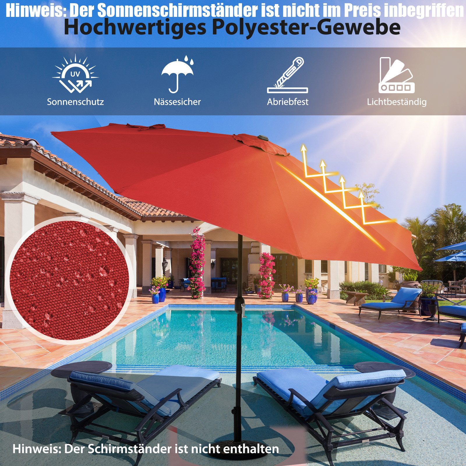 COSTWAY Sonnenschirm Gartenschirm, 30° neigbar, mit Kurbel, UV-Schutz