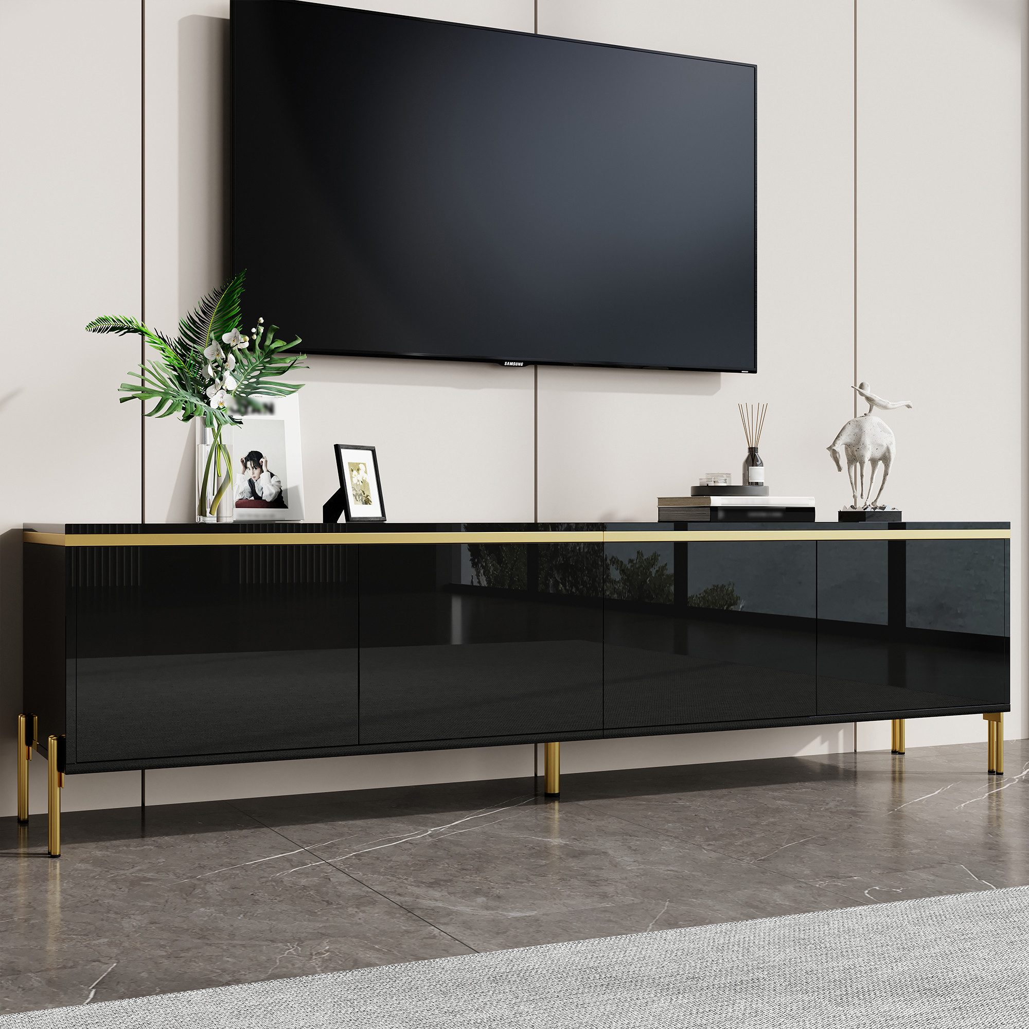 Merax Lowboard hochglanz TV-Ständer mit goldenen Zierelementen & Kabeldurchführungen (1 St), TV-Schrank mit 4 Schranktüren und Metallbeinen, 170x38x50cm