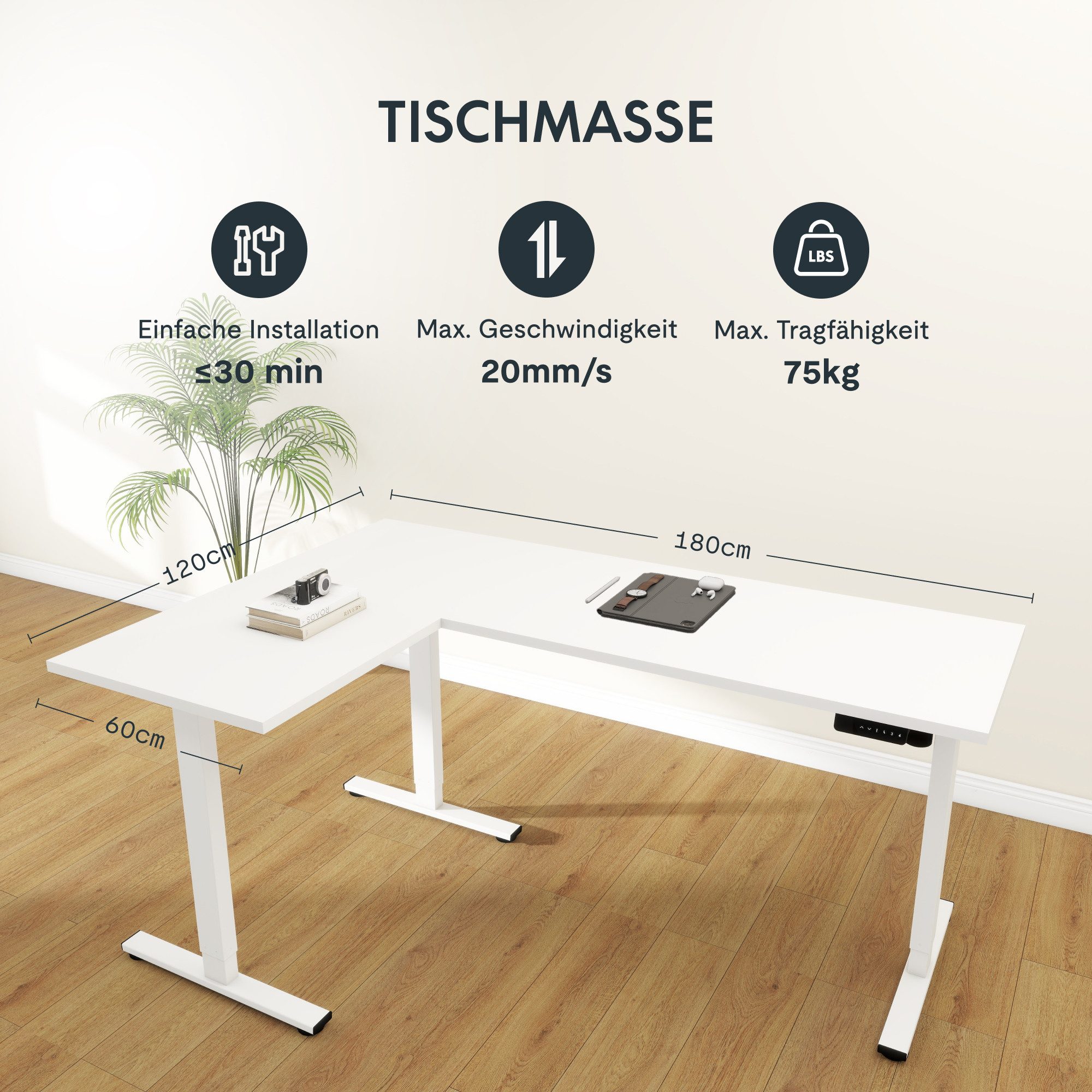 FLEXISPOT Eckschreibtisch Q1L L-Computertisch mit 25mm dicker Tischplatte (4 Höhen-Speicherplätze & Anti-Kollisionssystem & Geräuschlos), Höhenverstellbarer L-Form Schreibtisch 180 x 120 cm