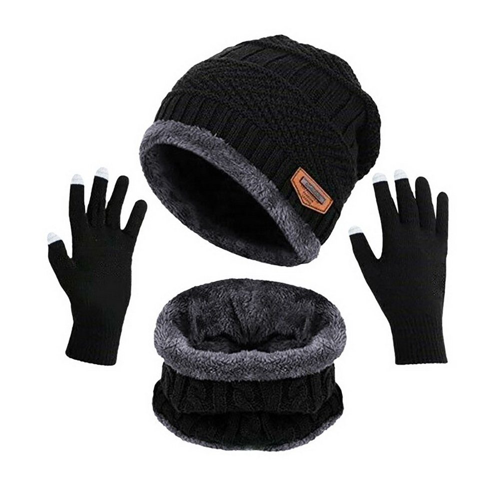 LYDMN Strickhandschuhe Winter Warm dreiteiliges Strickmütze, Halstuch Handschuhe Anzug Strickmütze,Halstuch Handschuhe 3-teiliges Set Schwarz | Strickhandschuhe