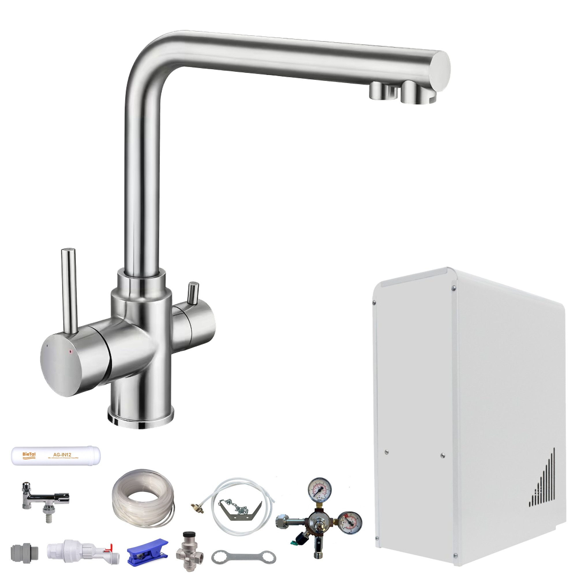 BieTal Wassersprudler Tafelwassergerät BieTal® BT-10U Sprudelwasser Zapfstelle Komplett Set, (Set, ohne CO2 Flasche-tlg., 3-Wege L Hahn Edelstahl 1-leitig), Sprudelwasseranlage Trinkwasser Wasserspender