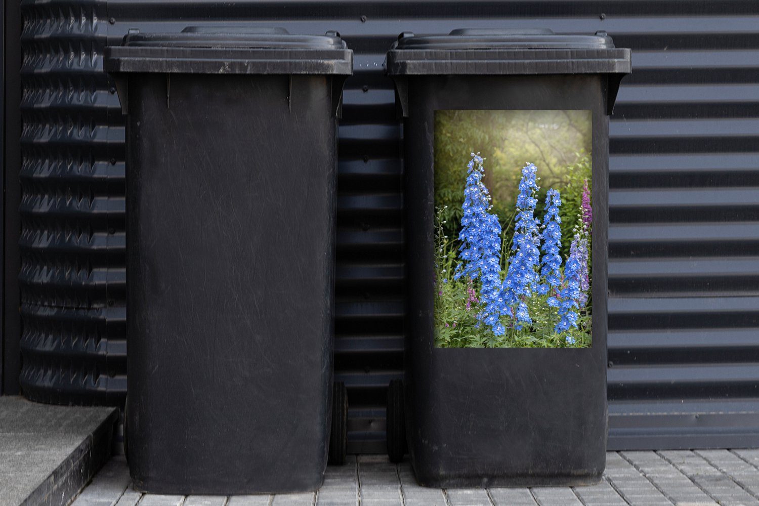 (1 Abfalbehälter Mülleimer-aufkleber, St), den Container, Rittersporn (Delphinium) Wandsticker MuchoWow Sonnenstrahlen Sticker, Mülltonne, über blauen
