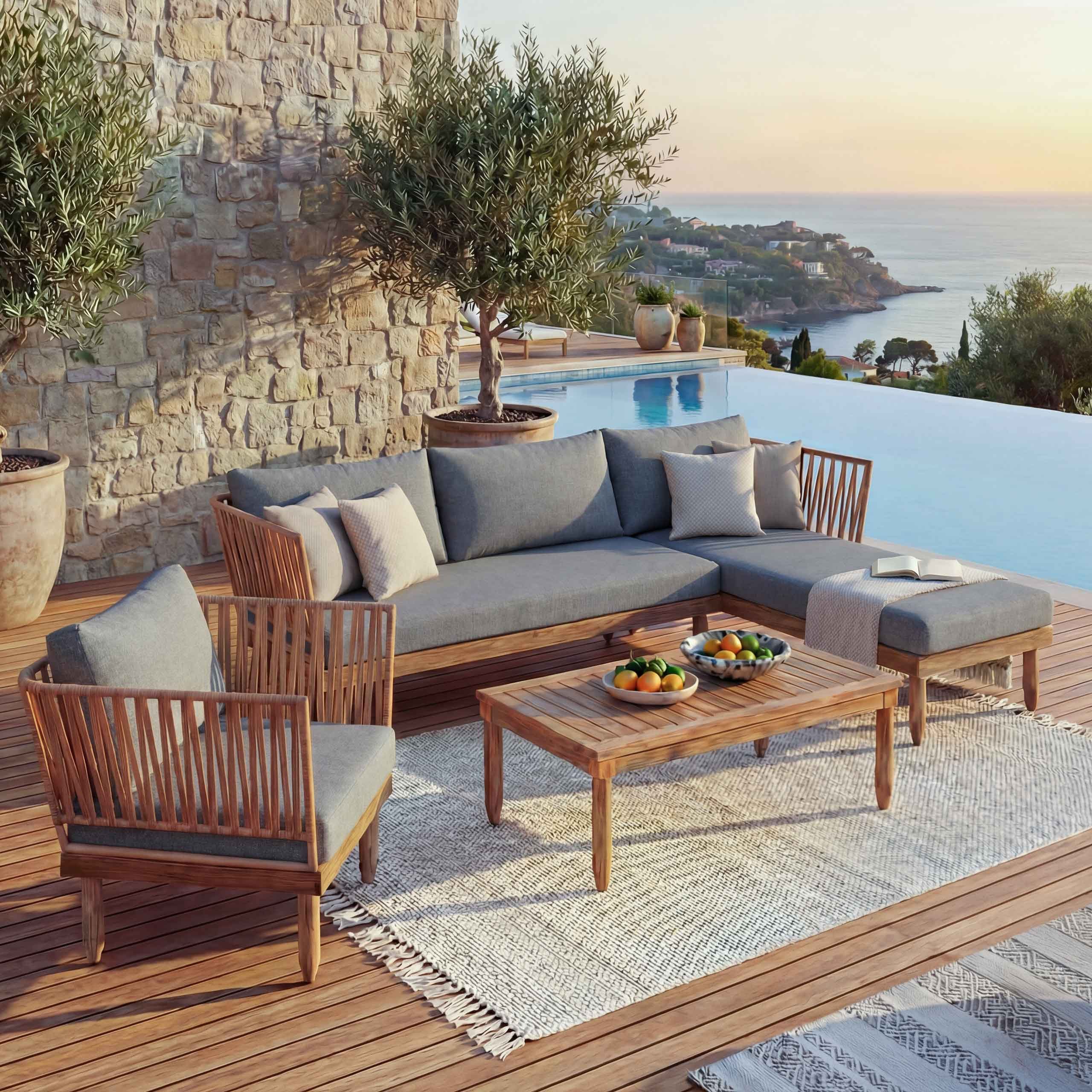 MCW Sitzgruppe MCW-L29, (4-tlg), Seilgeflecht, Akazienholz mit Struktur, Hohe Stoffqualität 230g/m²