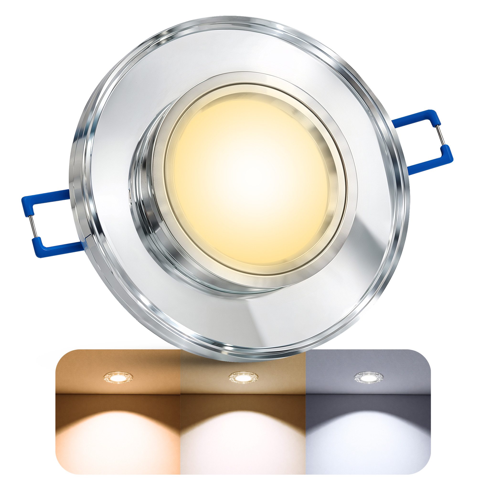 SSC-LUXon LED Einbaustrahler ALINA Einbauleuchte Glas rund 5W GU10 drei Lichtfarben Deckenspot, Warmweiß