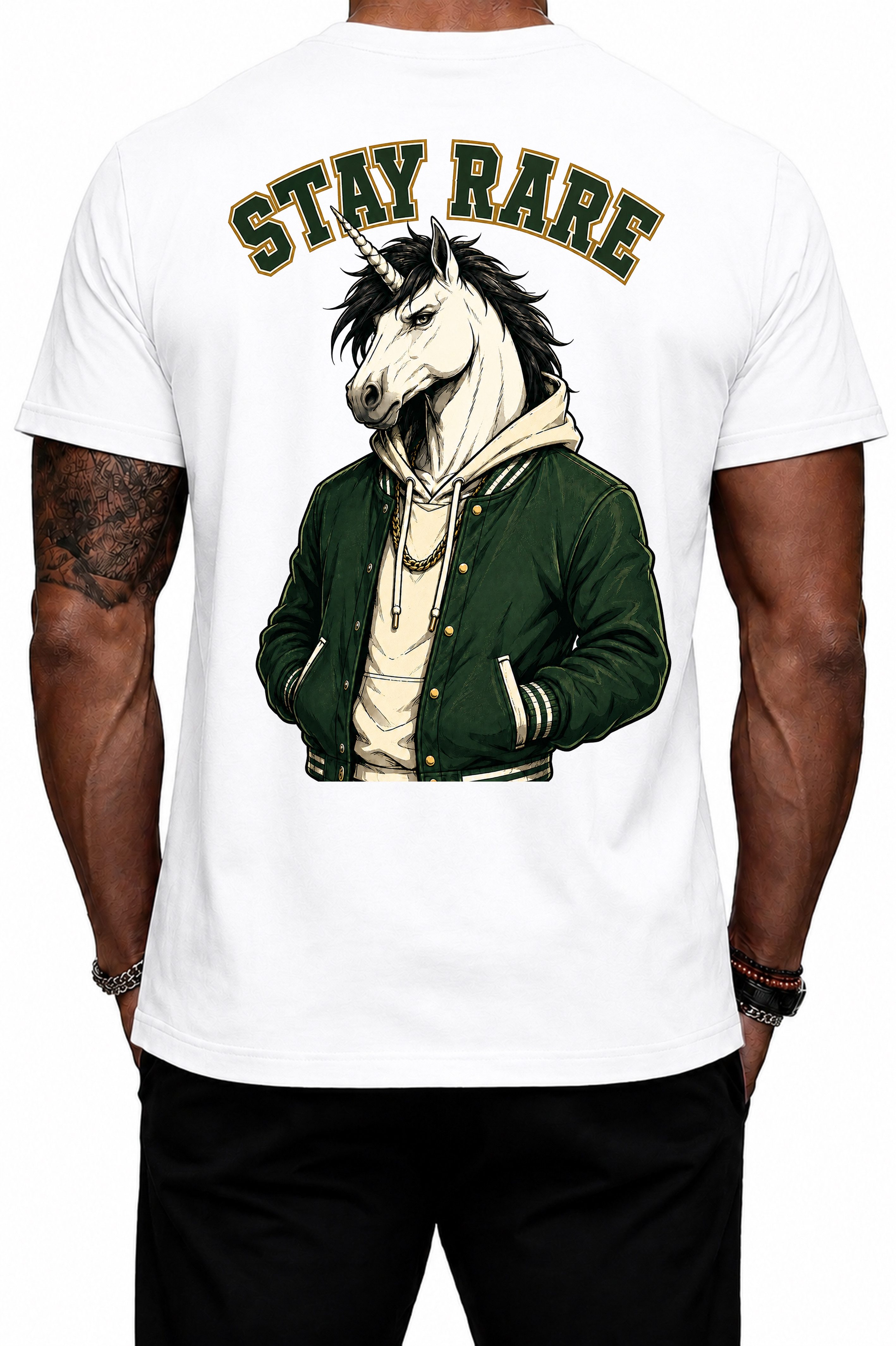 Banco T-Shirt Herren STAY RARE Einhorn Rückenprint Streetwear Rundhals 100% Baumwolle