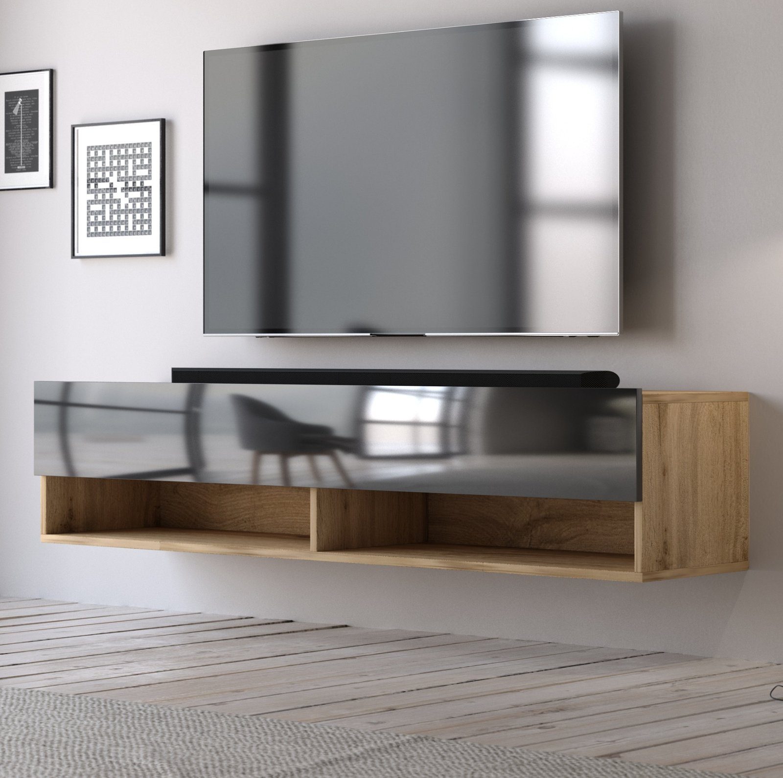 GuenstigEinrichten Lowboard Epsom (Flat-TV Board in Wotan Eiche und weiß oder schwarz, 140 cm), Hochglanz