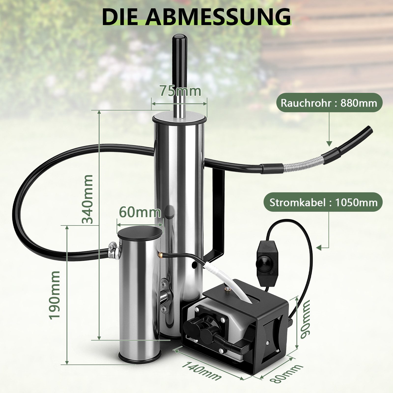 XERSEK Räucherofen Kaltrauchgenerator + Hitzeschutzgriff Teerabscheidung Wind Einstellbar, 25 W, Brennstoffpresse, 90cm Rauchrohr, 25W Luftpumpe, Max.Durchsatz 3300L/h, Räuchergenerator für Rauchöfen Backöfen Räucherkammern Speiseplatten