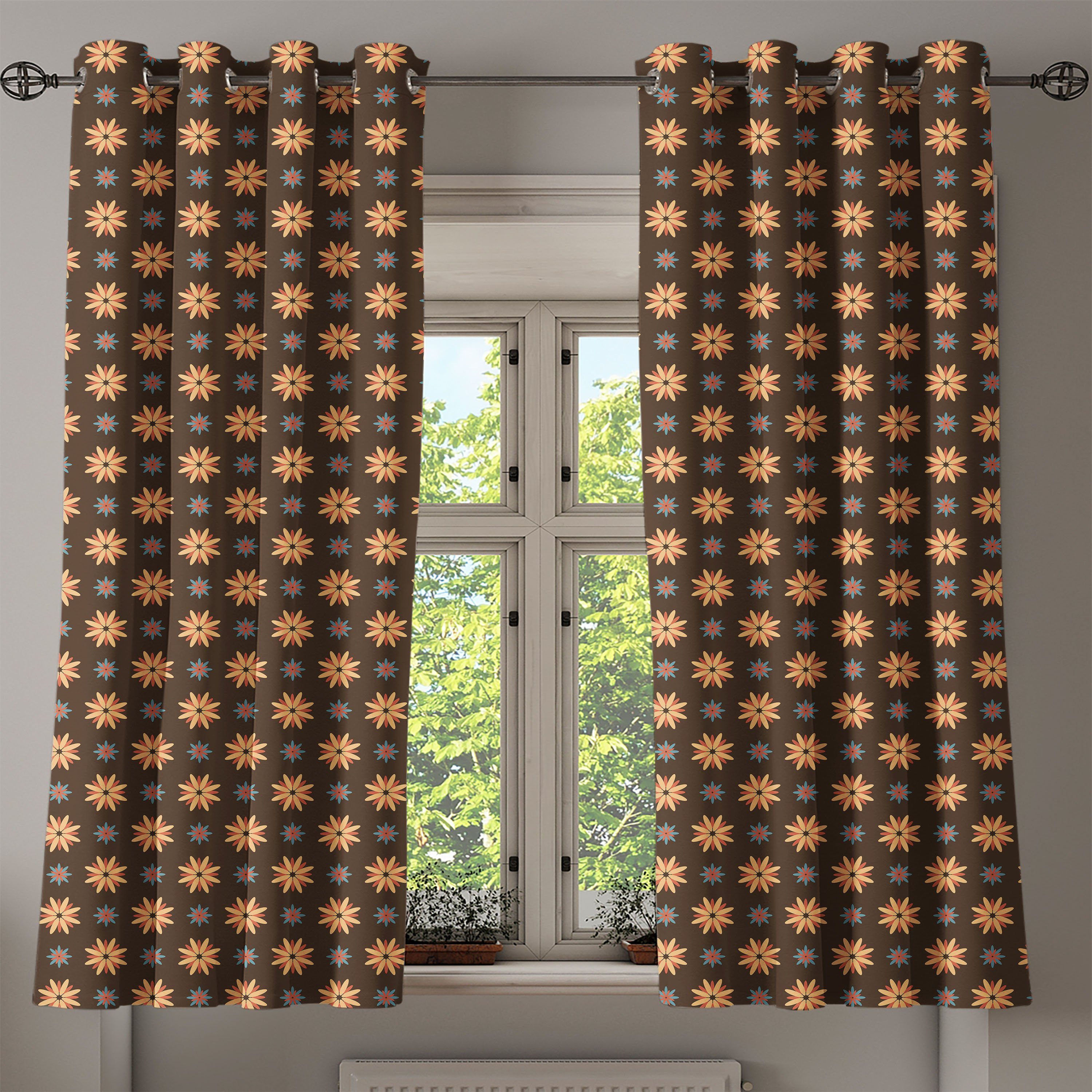 Gardine Dekorative 2-Panel-Fenstervorhänge Schlafzimmer für Sommerzeit Braun Abakuhaus, Wohnzimmer, orange Blume