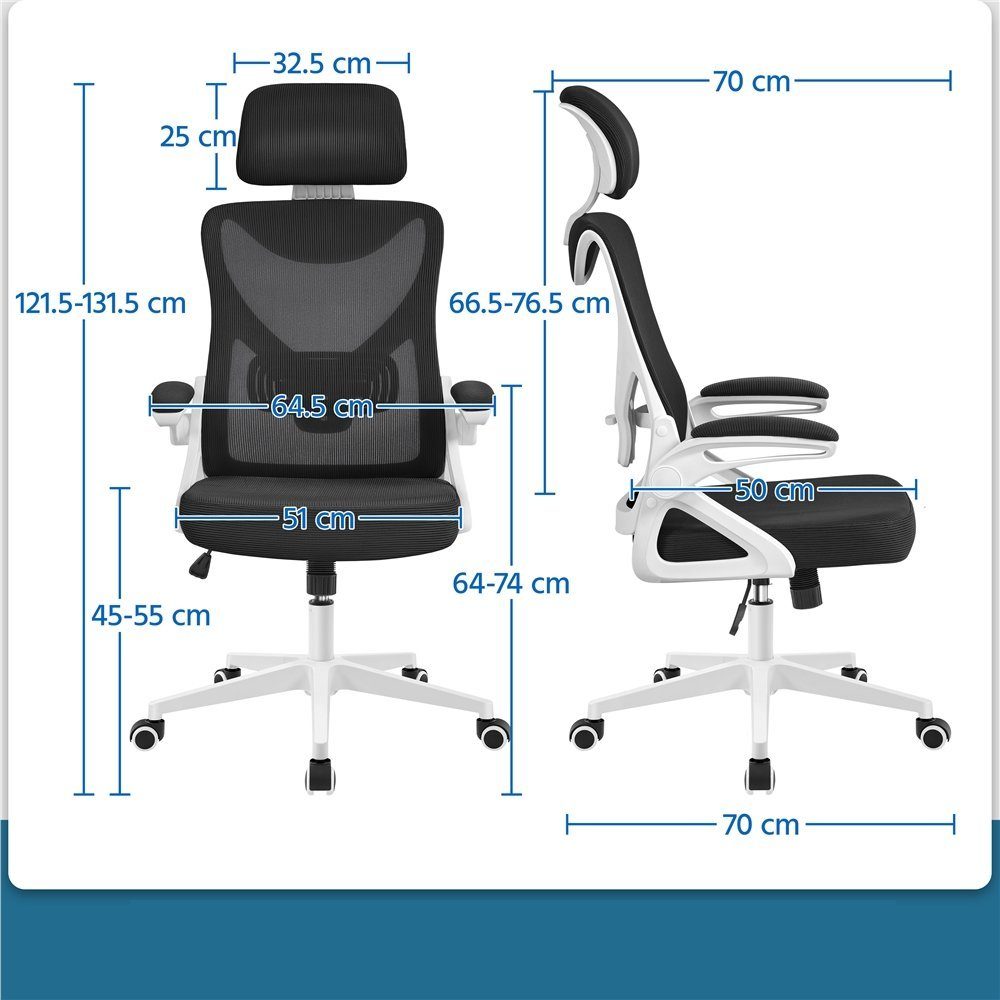 Yaheetech Drehstuhl, mit Hochklappbaren Bürostuhl Schreibtischstuhl Ergonomisch, weiß/schwarz Armlehnen