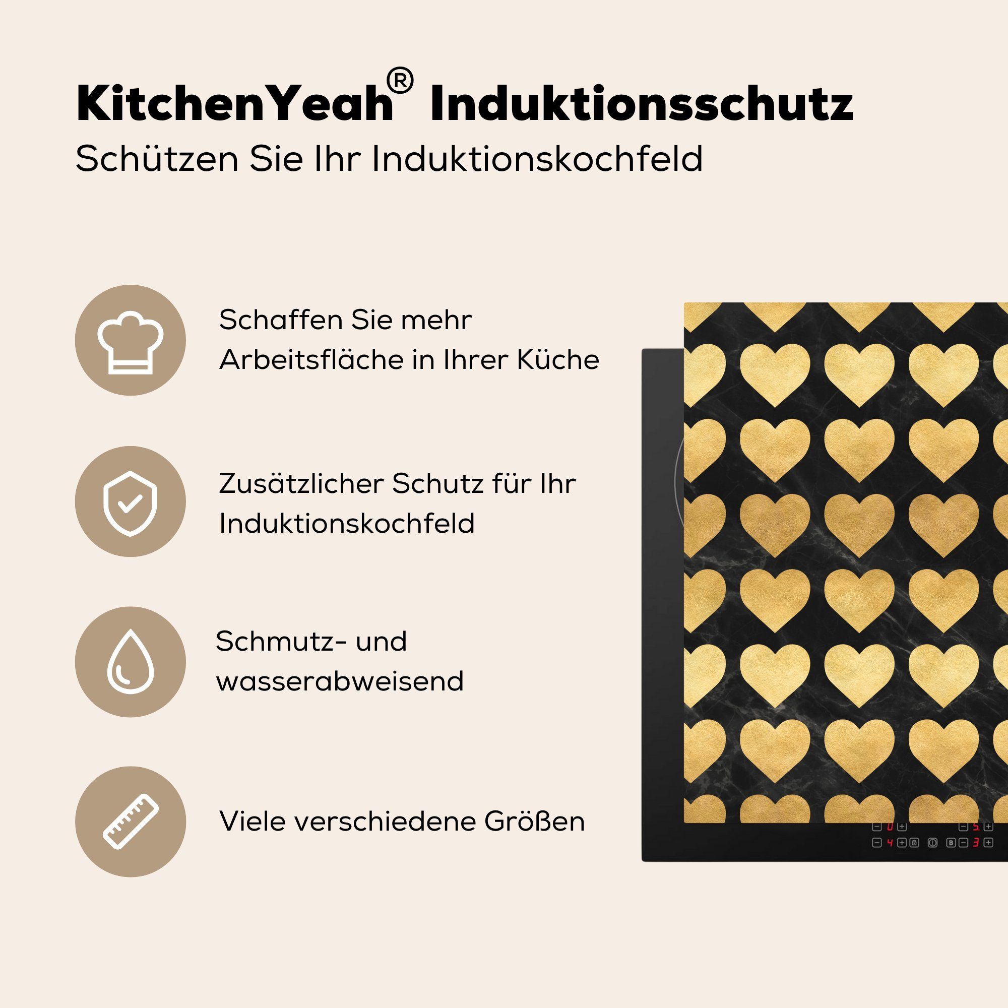 Herdblende-/Abdeckplatte Vinyl, (1 Arbeitsplatte tlg), küche - Ceranfeldabdeckung, Gold für 78x78 - Herz MuchoWow Muster - cm, Schwarz,