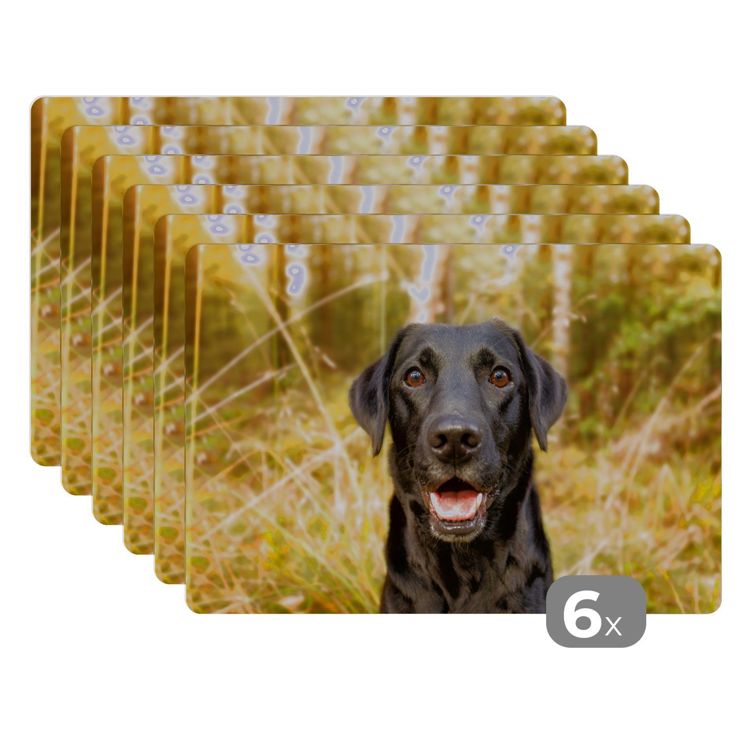 Platzset, Glücklicher schwarzer Hund, MuchoWow, (6-St), Platzset, Platzdecken, Platzmatte, Tischmatten, Schmutzabweisend