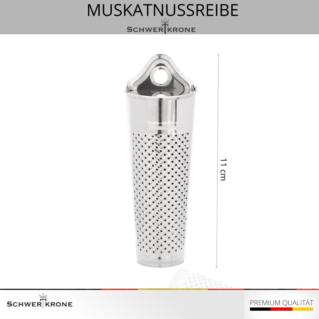 Schwertkrone Muskatmühle Muskatnuss Reibe Muskatreibe Zitronenschale Muskatnüsse mit Behälter, (1 Stück), 11 cm Edelstahl, Praktische