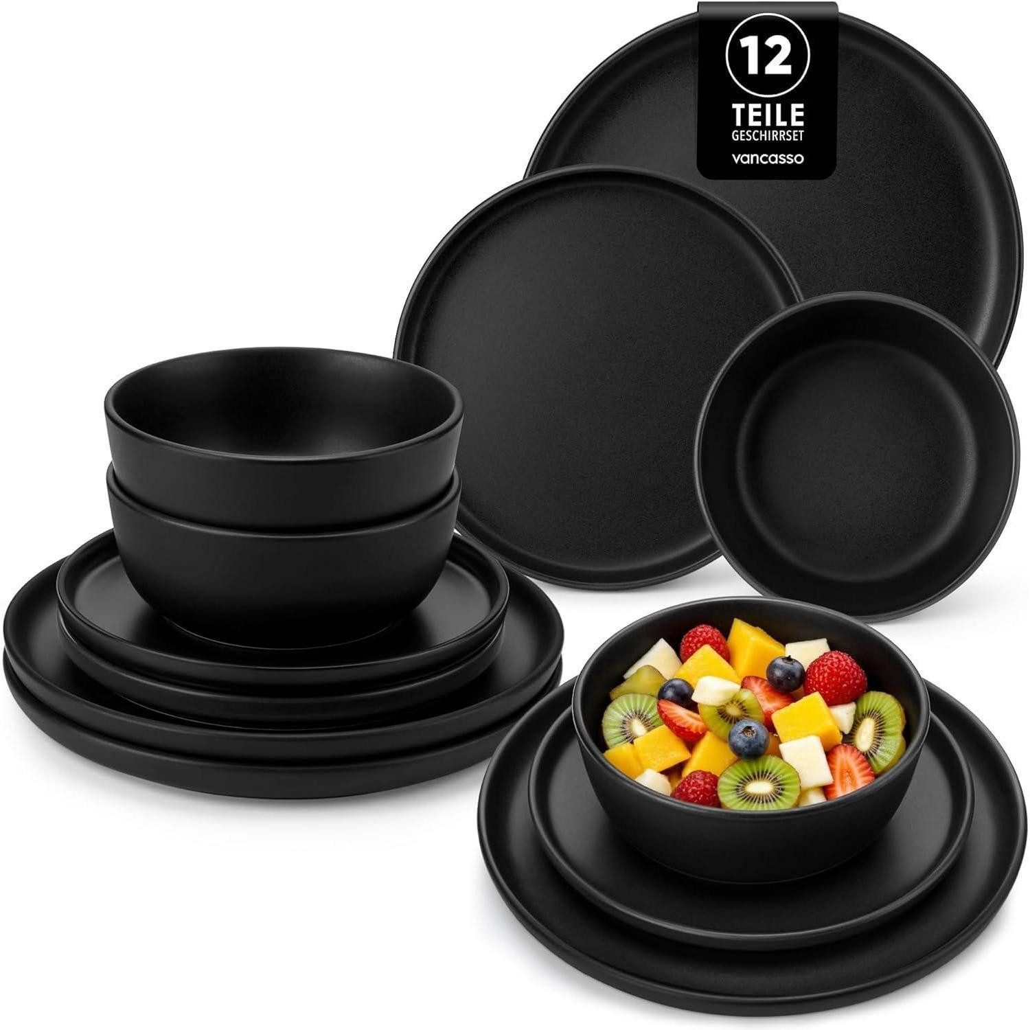 Tafelservice Geschirrset Steingut 12tlg 4 Personen Schwarz 12 Teile Set Schwarz