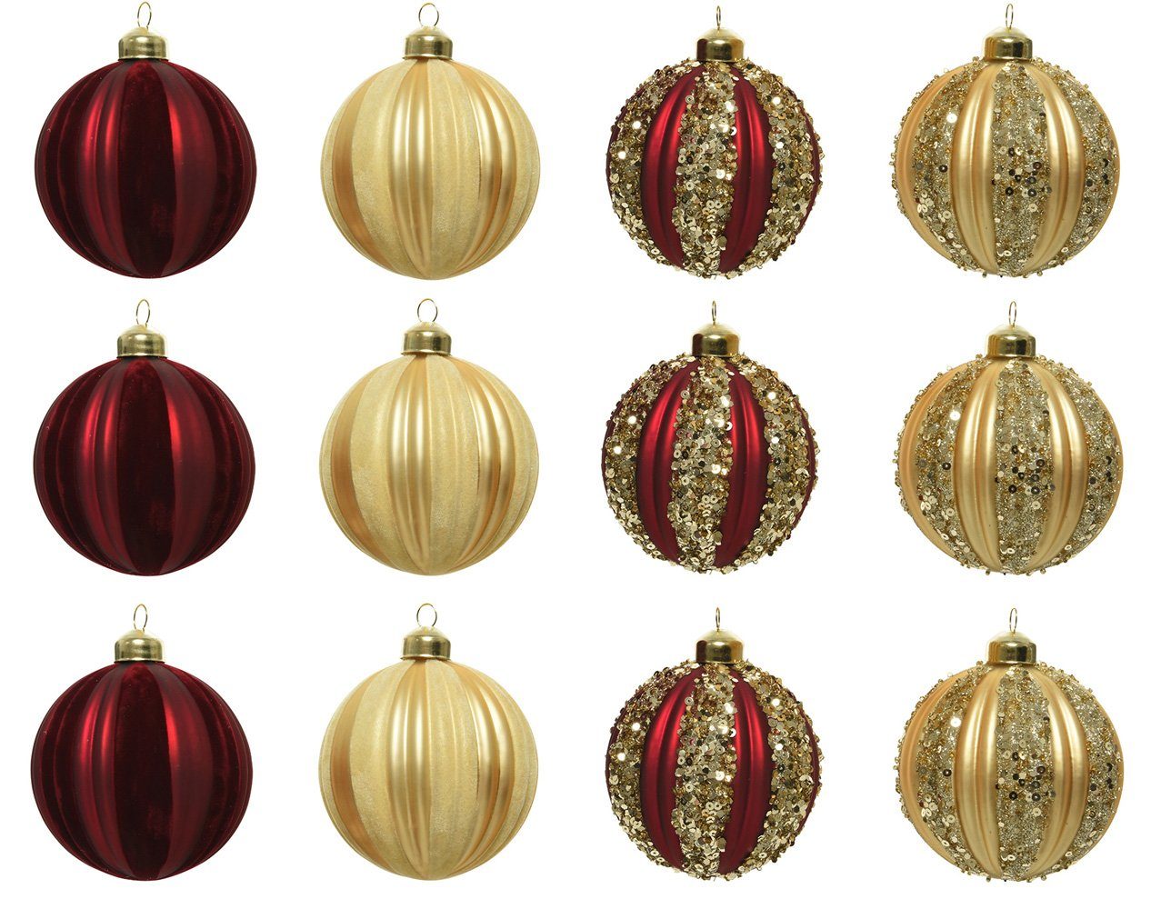 Decoris season decorations Weihnachtsbaumkugel, 12er gold, Streifen / Set rot Glas 8cm Pailletten mit Weihnachtskugeln