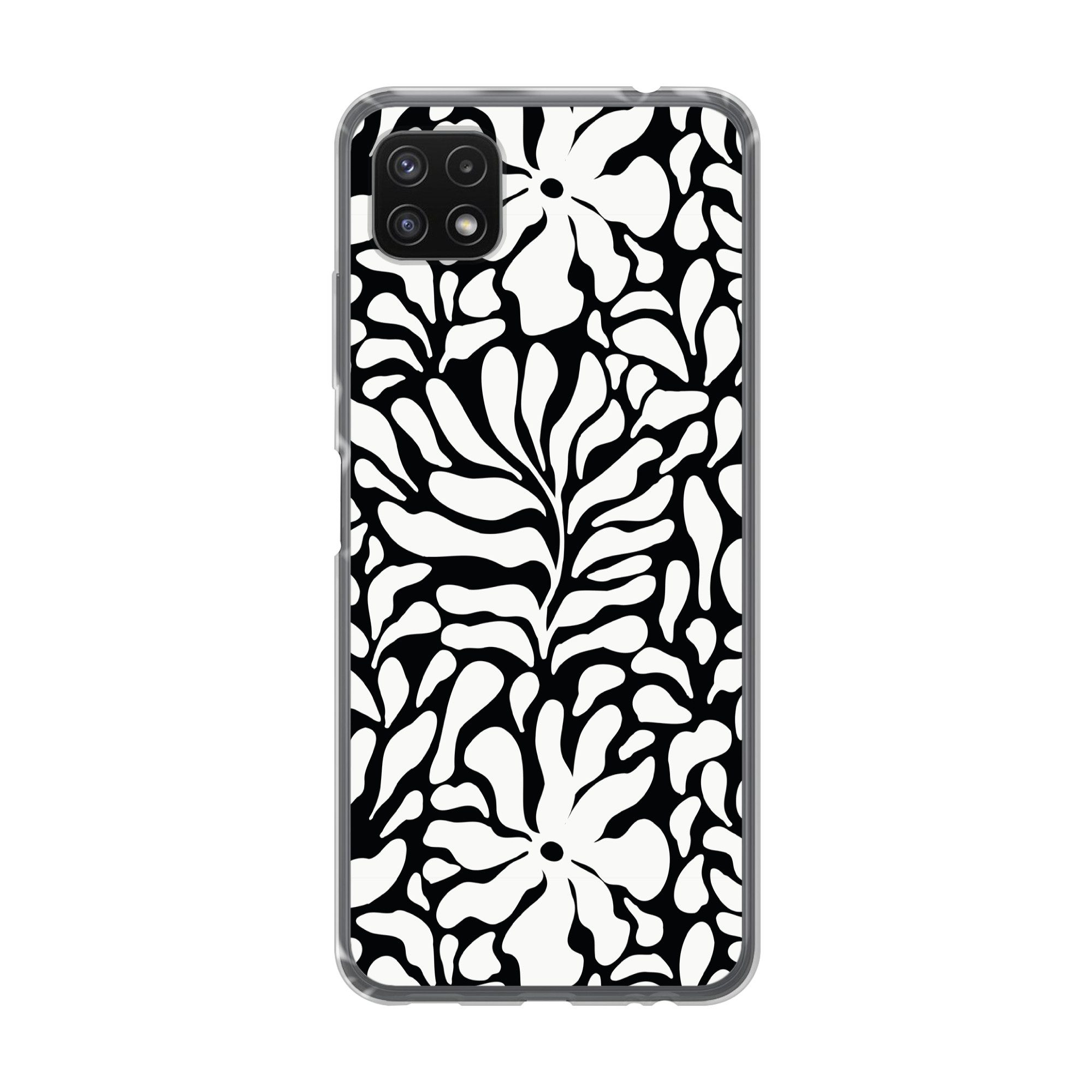 MuchoWow Handyhülle für Samsung Galaxy A22 5G Blumendruck - Schwarz - Weiß - Blätter, Smartphone-Bumper, Print, Handy Schutzhülle Dünn