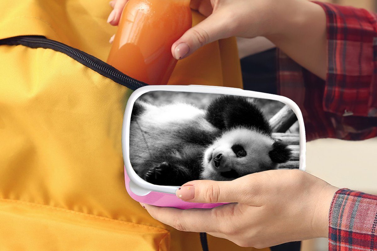 Erwachsene, für schwarz Panda in Tierprofil Kinder, und Brotbox (2-tlg), Brotdose MuchoWow Kunststoff rosa weiß, Mädchen, Snackbox, Lunchbox rollenden Kunststoff,
