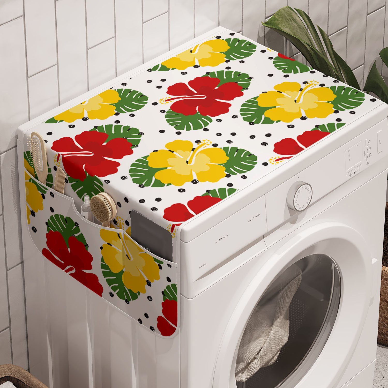 Tropisch Anti-Rutsch-Stoffabdeckung Waschmaschine Grunge-Punkte für und Trockner, Badorganizer Abakuhaus und Hibiscus