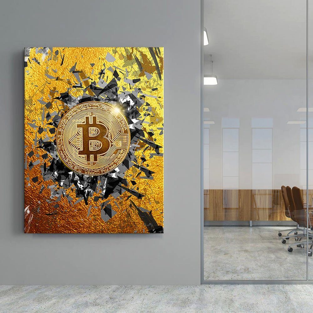 Explosion Explosion, Trading DOTCOMCANVAS® - - Leinwandbild weißer Bitcoin Leinwandbild Crypto Motivat - Bitcoin - Rahmen Premium