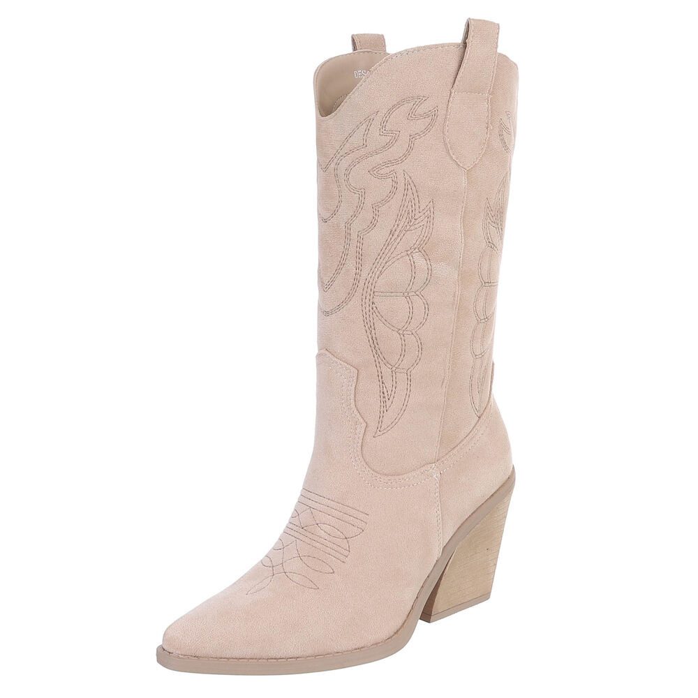 Ital-Design Moderne Western-Stiefel mit Stickerei und bequemen Absatz Westernstiefel (91409425) Blockabsatz Stiefel in Beige