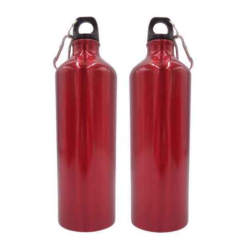 BURI Trinkflasche 2x Aluminium Trinkflasche 1 Liter rot mit Karabiner Wasserflasche Spor
