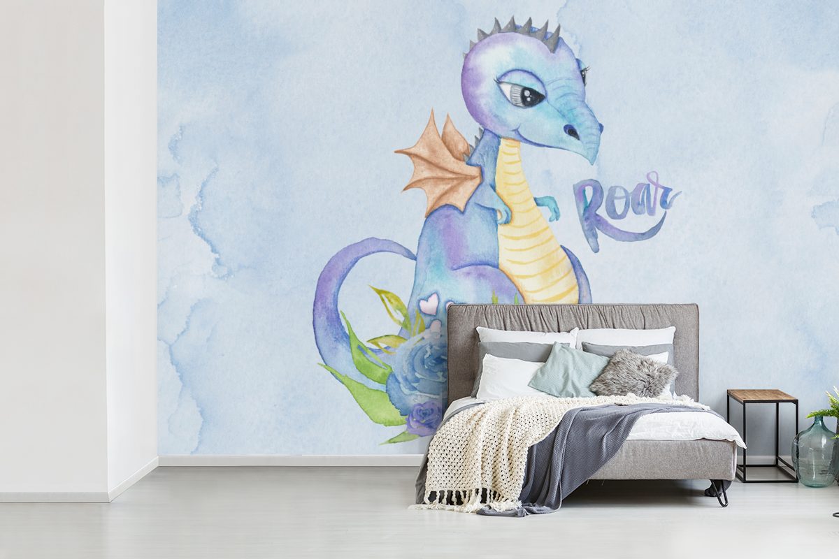 - Fototapete Wallpaper MuchoWow - Vinyl St), Wohnzimmer, Kinder, - für Schlafzimmer, Aquarell Tapete - (6 Matt, Jungen Kinderzimmer, bedruckt, Kinderzimmer Dino