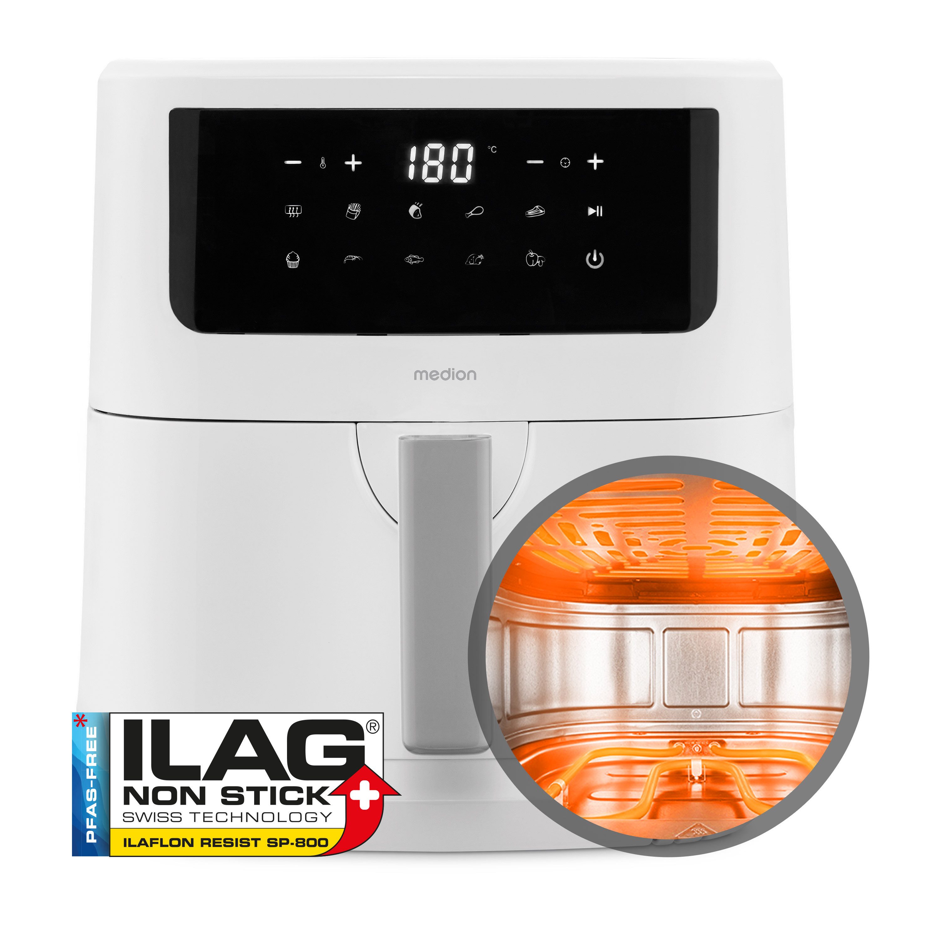 Medion® Heißluftfritteuse mit 2 Heizelementen MD11750 P10 XL Duo, großer, 2000 W, Temperatur einstellbar 50 - 200 °C, ILAG Beschichtung, Timer