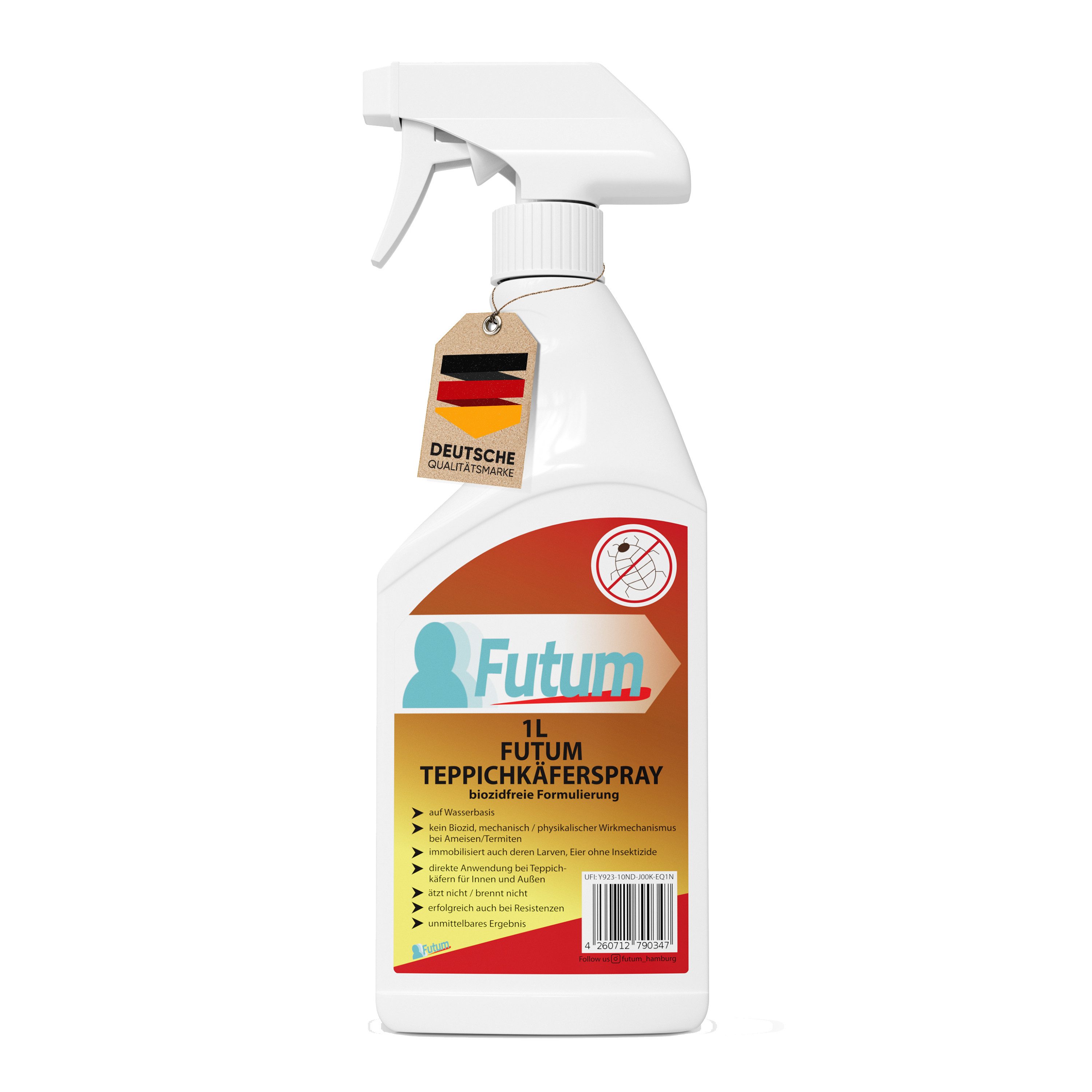 FUTUM Insektenspray Teppichkäferspray, Käfer Abwehr, 1 l, biozidfreie Formel, auf Wasserbasis, geruchsarm, brennt / ätzt nicht