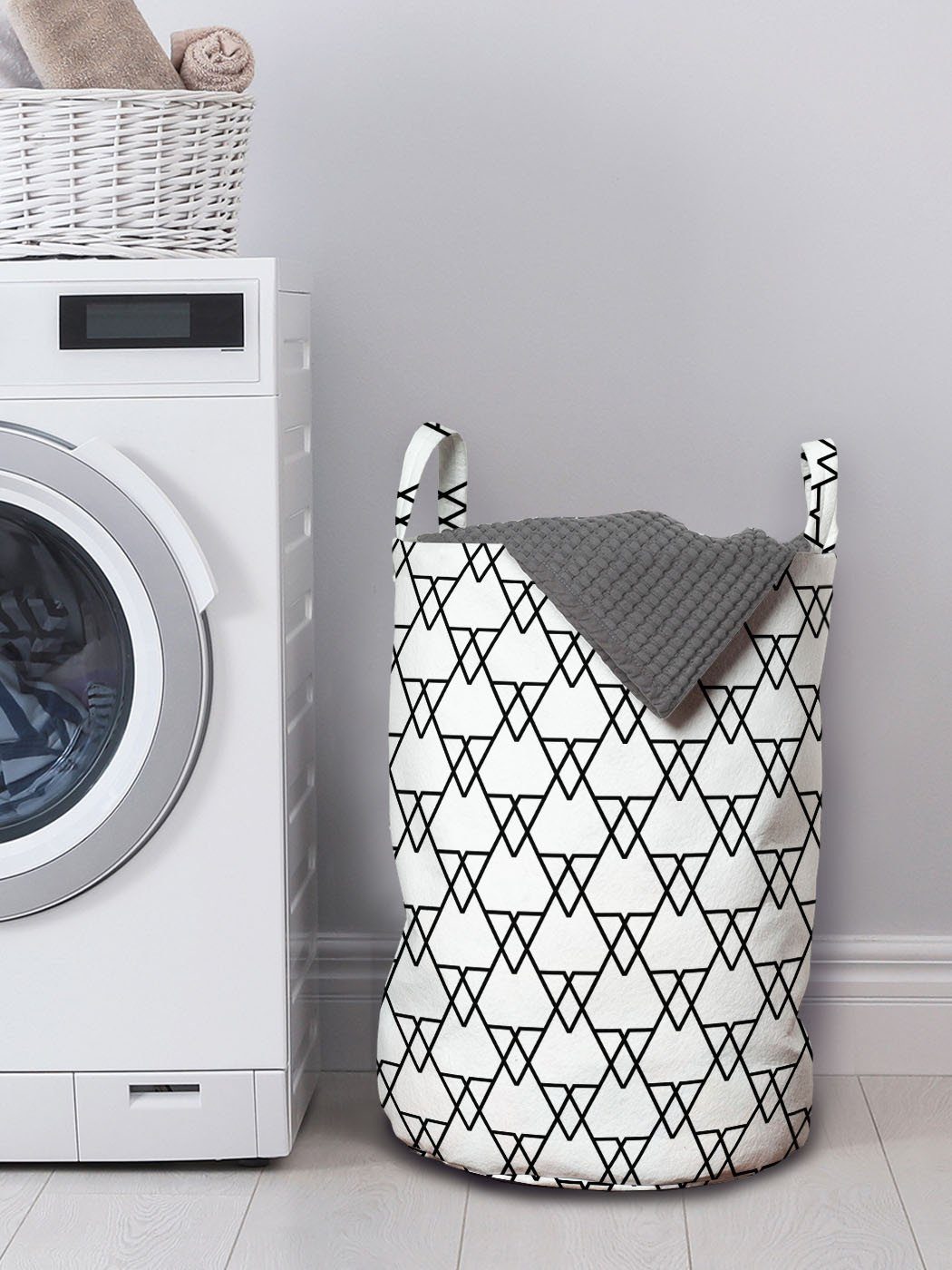 Abakuhaus Wäschesäckchen für Design Kordelzugverschluss Art mit und Waschsalons, Linie Schwarz Griffen weiß Wäschekorb