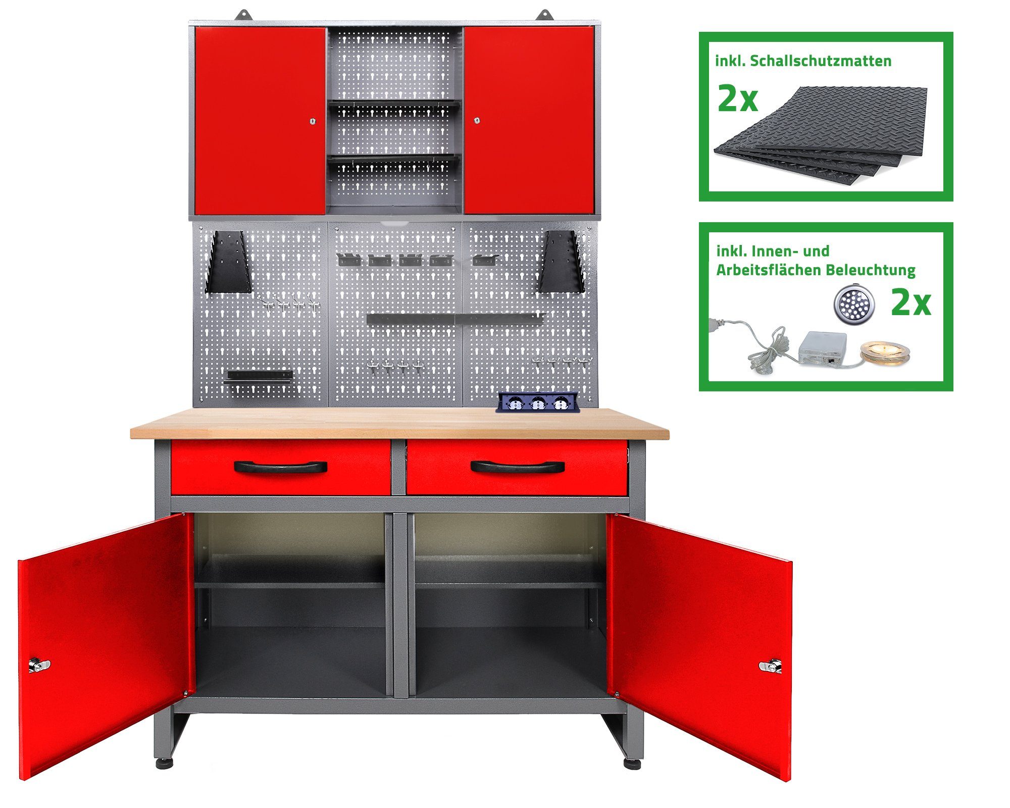 ONDIS24 Werkstatt-Set Werner Plus 120 cm rot inklusive Einrichtungspaket 2 Werkzeuschränke, Lochwand, abschließbare Türen, kugelgelagerte Schubladen