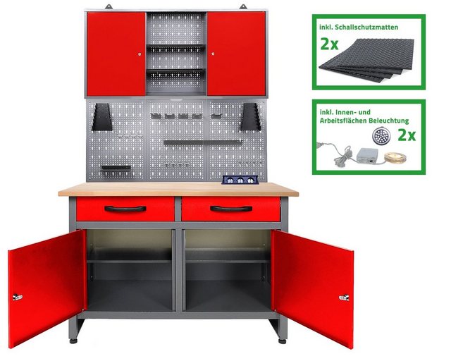 ONDIS24 Werkstatt-Set “Werner Plus 120 cm rot inklusive Einrichtungspaket 2 Werkzeuschränke”, Lochwand, abschließbare Türen, kugelgelagerte Schubladen