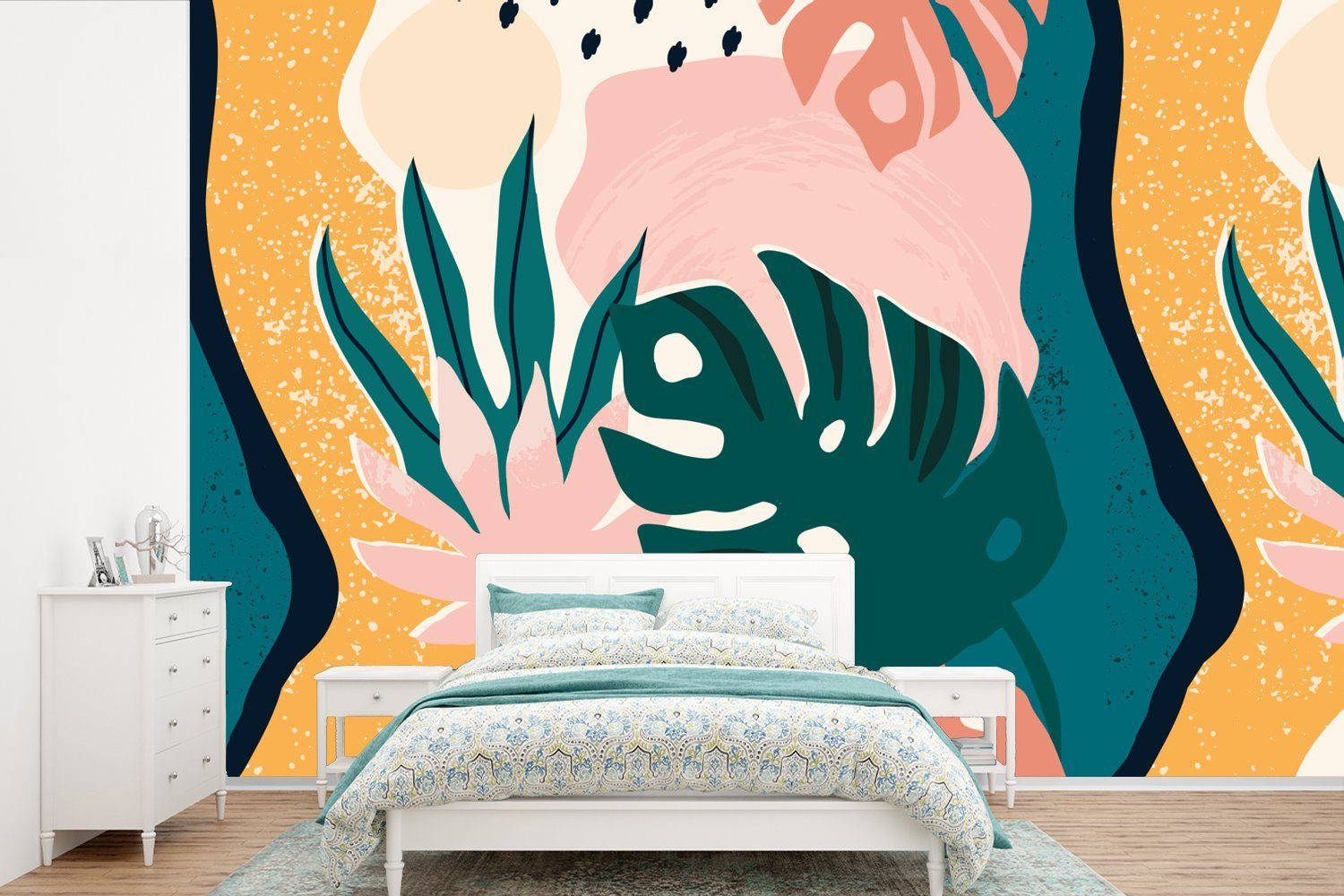 MuchoWow Fototapete Blätter - Farben - Muster, Matt, bedruckt, (6 St), Wallpaper für Wohnzimmer, Schlafzimmer, Kinderzimmer, Vinyl Tapete | Fototapeten