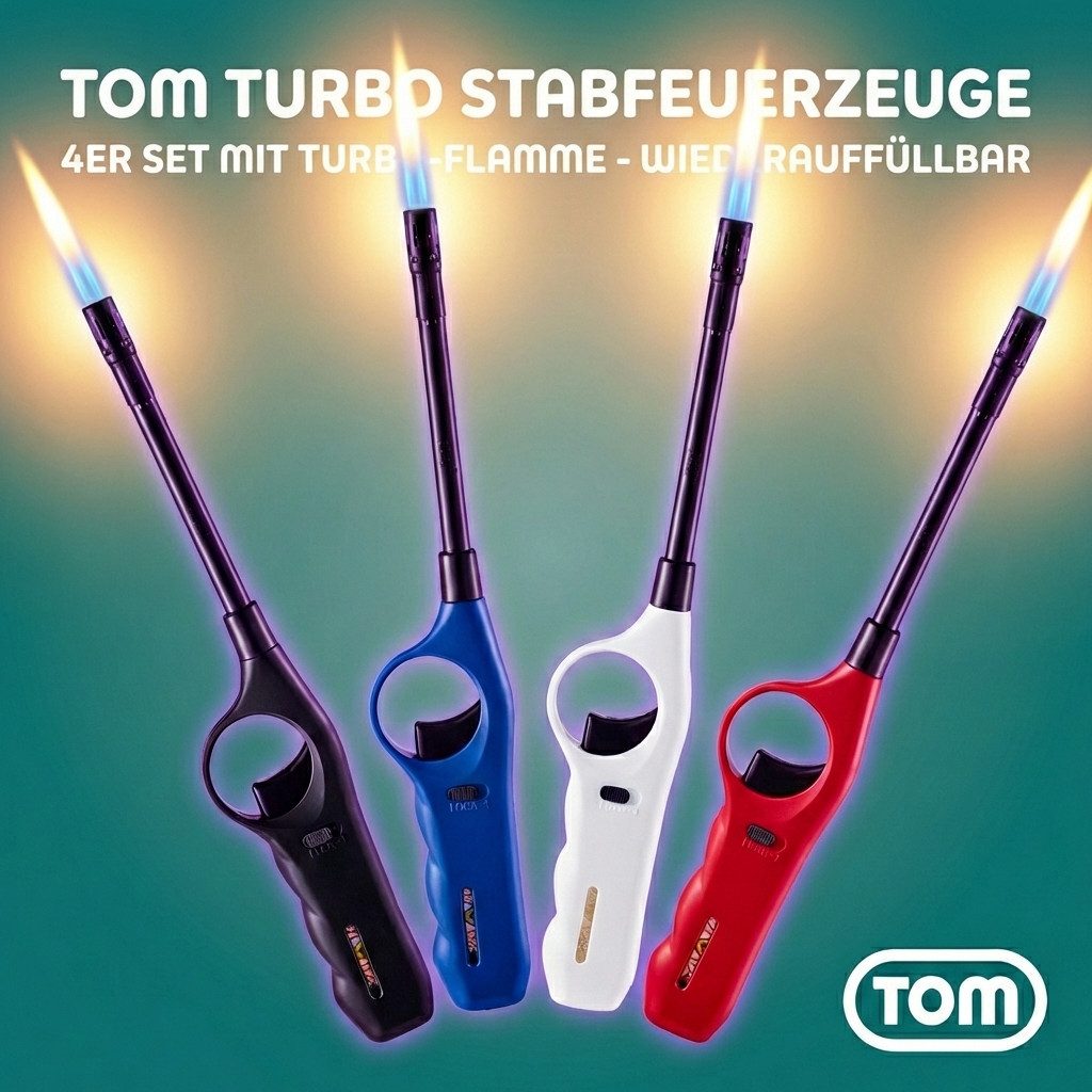 TOM Feuerzeuge 4 x Stabfeuerzeuge mit Sturmflamme Nachfüllbar (4-St), Sturmfeuerzeug - 28,3 cm - Kindersicherung - Gas-Füllstandanzeige