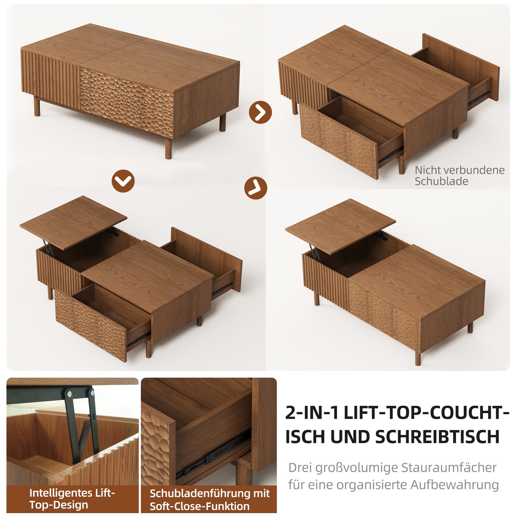 oleyluckidea Couchtisch Höhenverstellbare,couchtische mit stauraum,Kaffeetisch Nussbaum (Einzelstück), Breite 130 cm