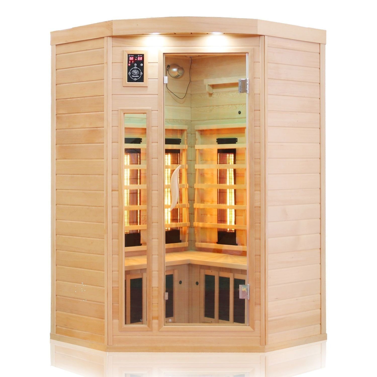 Dewello Infrarotkabine LAKEFIELD 140 Wärmekabine, bis zu 3 Personen, 5 Vollspektrumstrahler, BxTxH: 140 x 140 x 190 cm, (Farblichttherapie, Ionisator mit Ozondesinfektion und Aromatherapie, Multimedia und zusätzlich USB-Anschluss & Bluetooth möglich) Sauna aus Hemlock-Tannenholz, leichter Aufbau dank Stecksystem