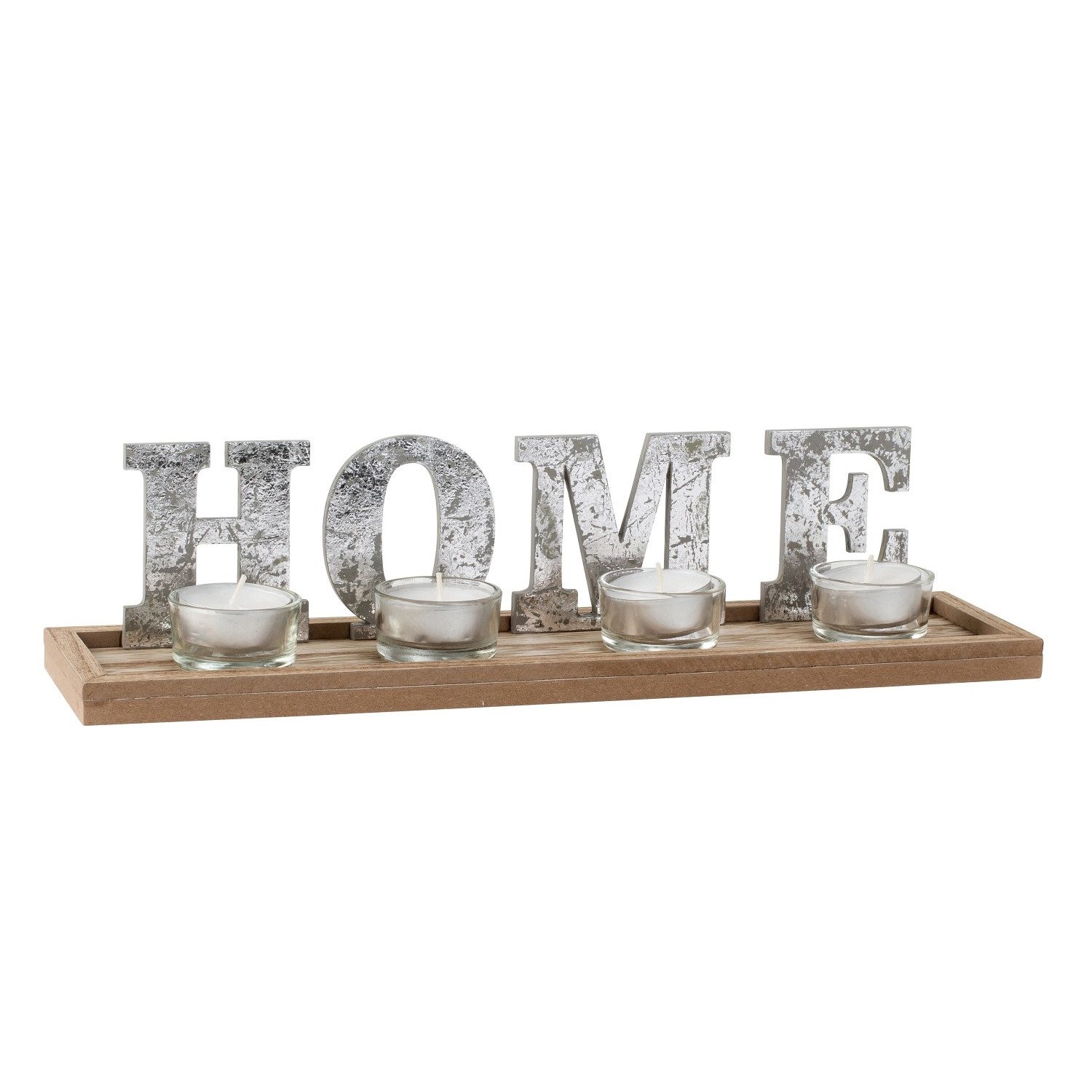 meberg Teelichthalter Teelichthalter-Set mit Tablett und "HOME" (Tischdekoration Esszimmer Wohnzimmer Küche, 5 St., 34,5 x 8, cm), Windlicht Kerzenhalter Dekotablett