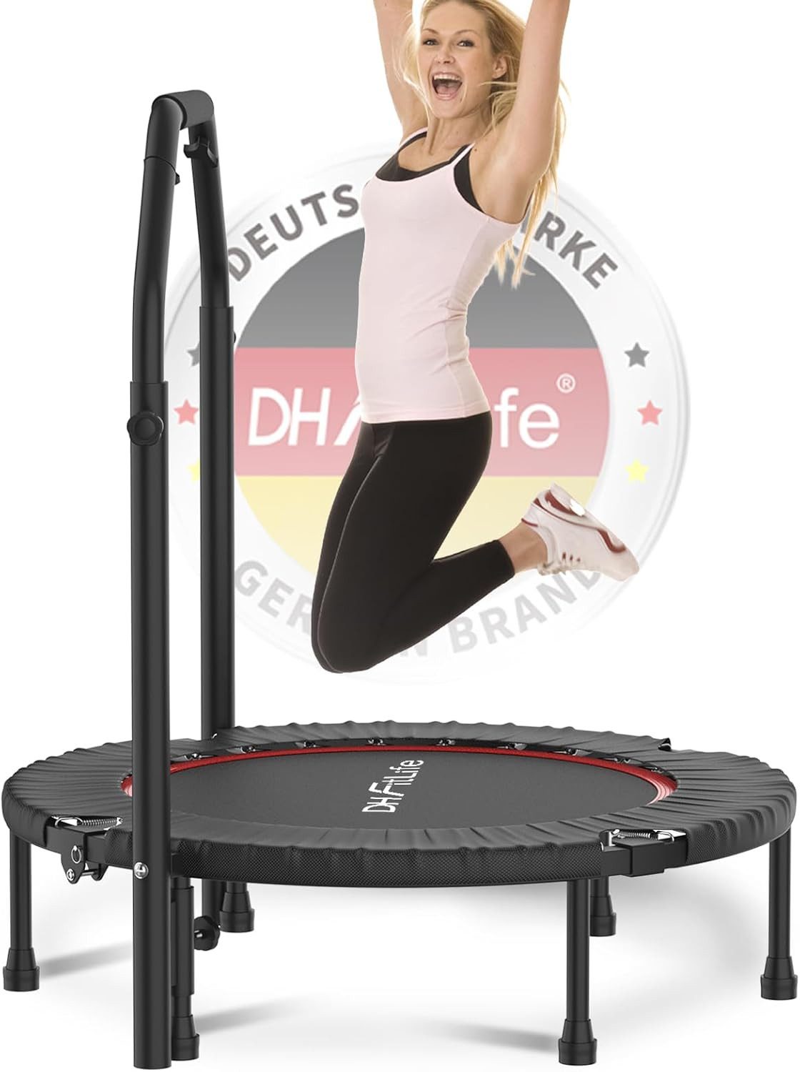 DH FitLife Fitnesstrampolin Indoor Trampolin klappbar ohne Installation Ø102cm 40 Zoll, Ø 102 cm, (Tragfähigkeit 150 KG, 4 verstellbare Handgriffstufen), Tragfähigkeit 150 kg, stabil und leise für Erwachsene