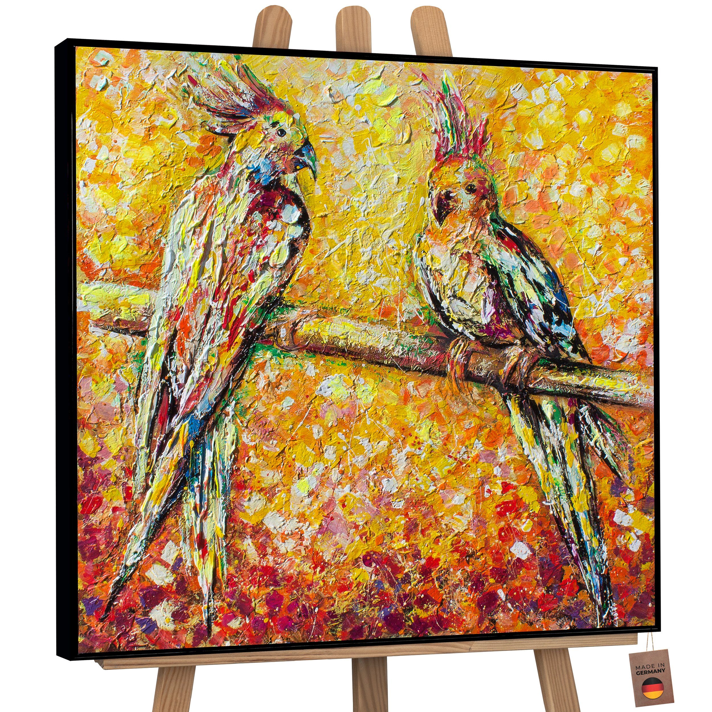 YS-Art Gemälde Papagei in der Sonne, Tierbilder, Papagei Bunt Leinwand Bild Handgemalt Rot Orange Mit Rahmen in Schwarz